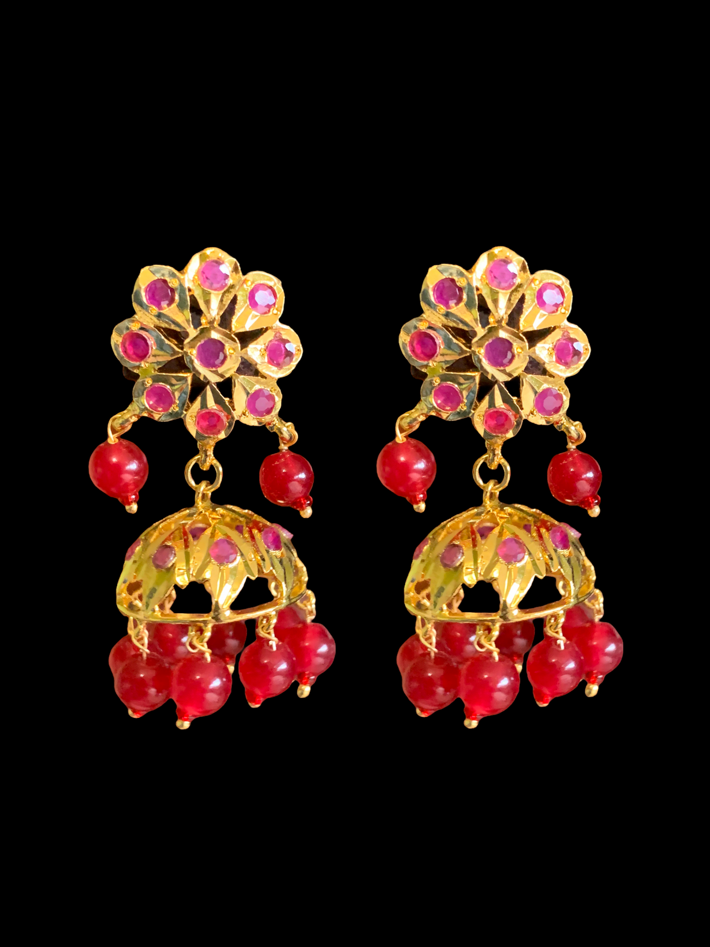 DER345 Ruby jhumka in flower tops ( SHIPS IN 3 WEEKS )