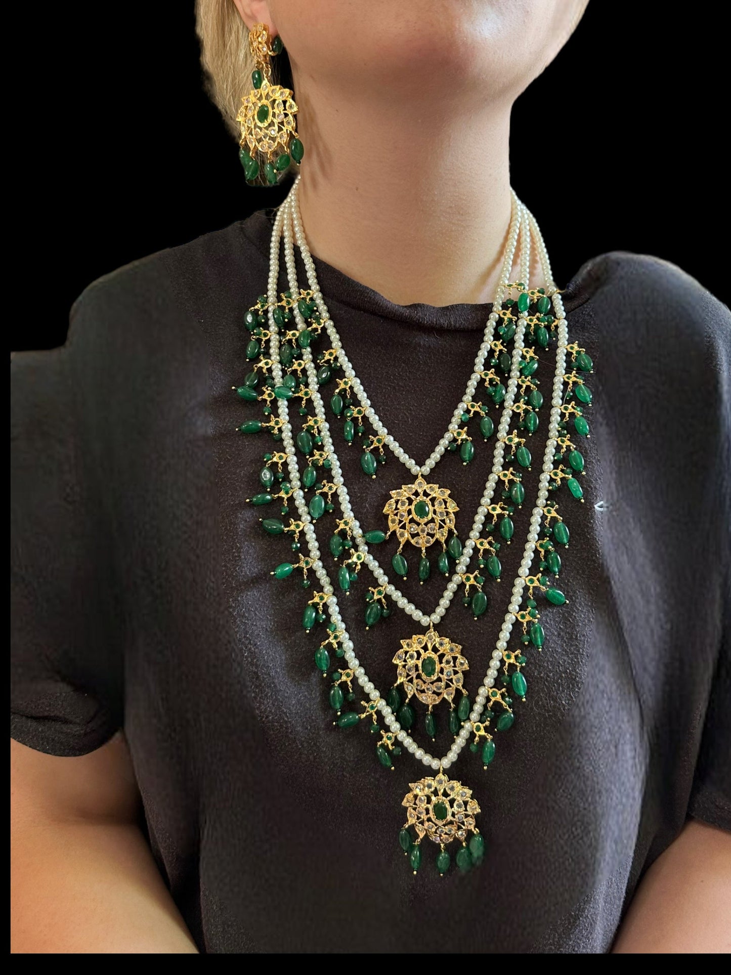 SAT78 Farmana three layer Hyderabadi necklace with earrings ( READY TO SHIP )