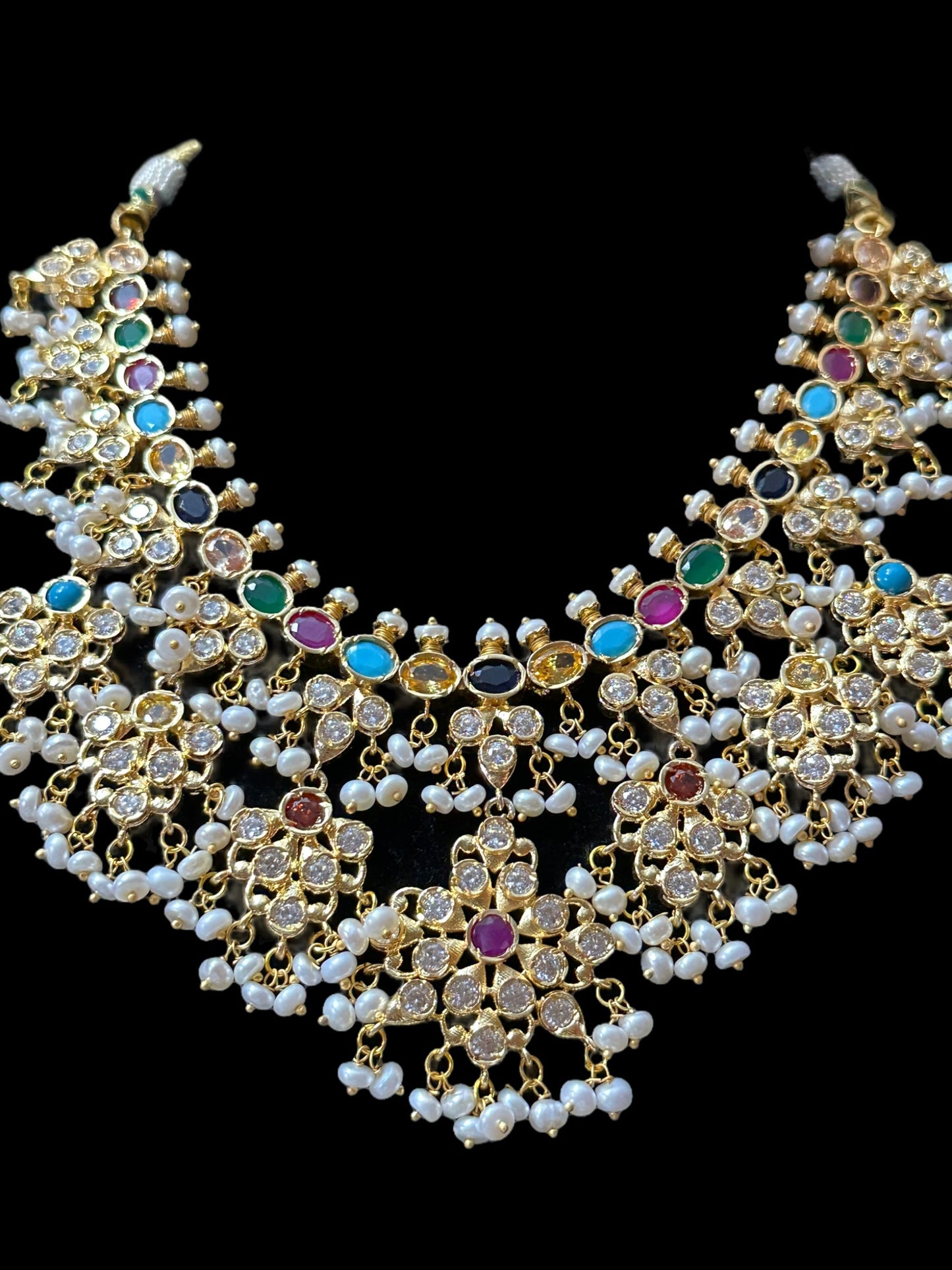 DNS29 Navratan necklace with earrings - fresh water pearls ( READY TO SHIP )