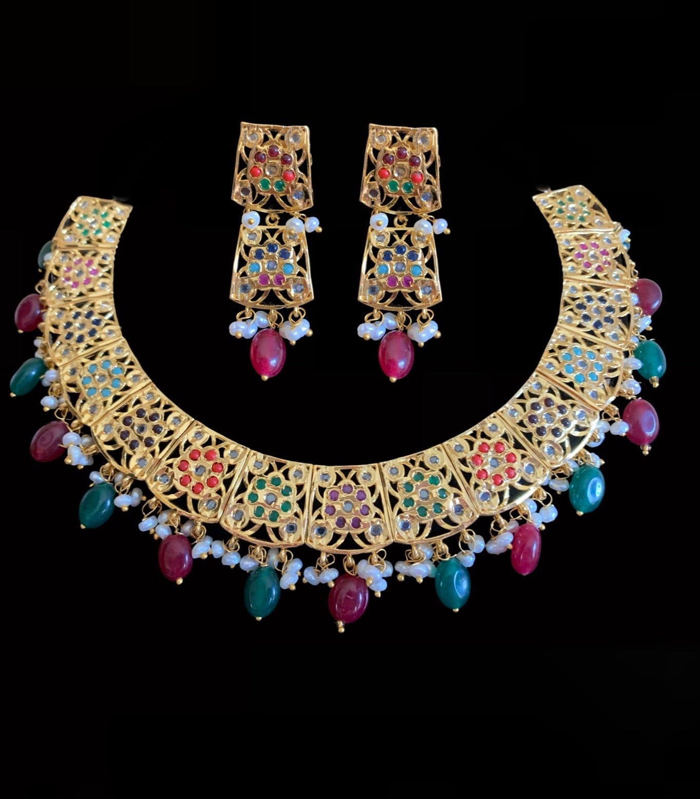 NS139 Badia navratan with fresh water pearls necklace set (READY TO SHIP )