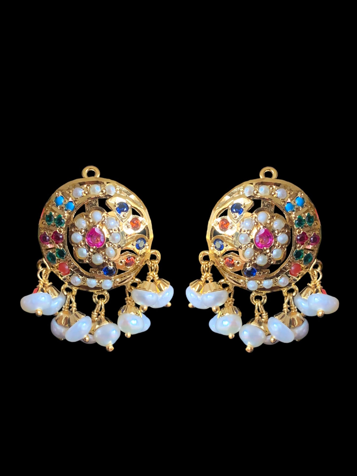 Navratan gold plated silver pendant set with fresh water pearls ( READY TO SHIP)