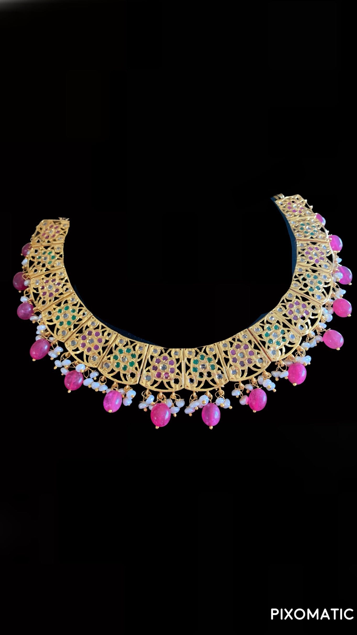 NS141 Badia ruby emerald with fresh water pearls necklace set (READY TO SHIP )