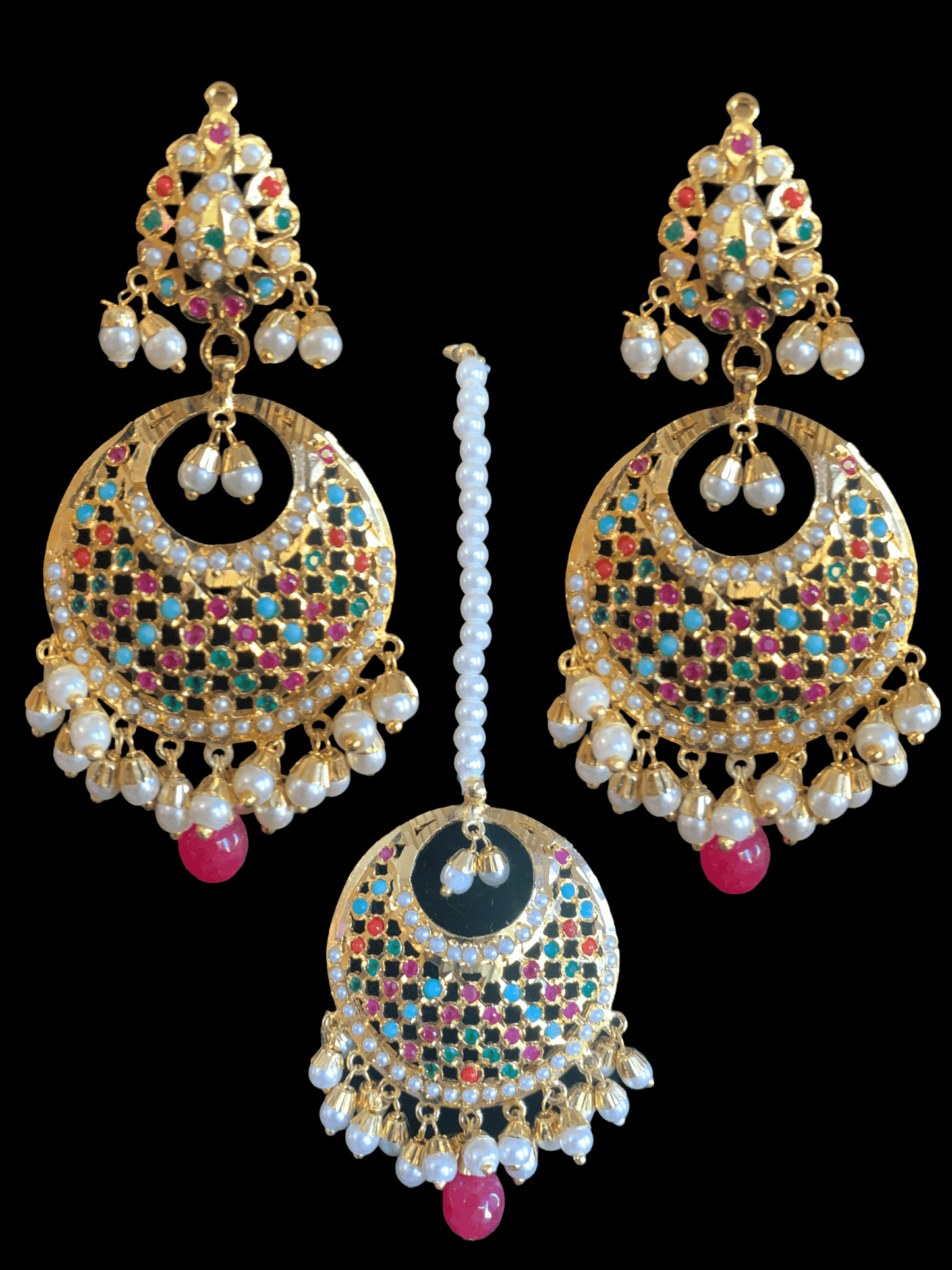 DJET51 sitara navratan jadau earrings tika set ( READY TO SHIP )