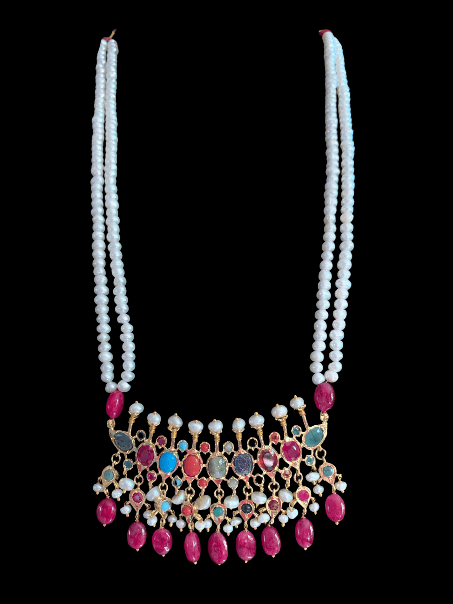PS510 Navratan Tirmani Necklace with Oversized Jhumka Earrings – Gold-Plated Jewelry with Freshwater Pearls and Real Ruby Beads ( READY TO SHIP )