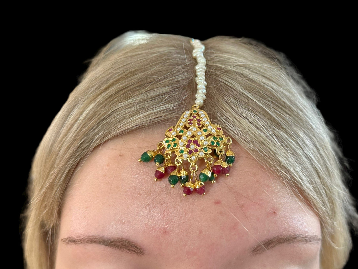 DLN11 jadau rani haar in ruby emerald with fresh water pearls ( READY TO SHIP)