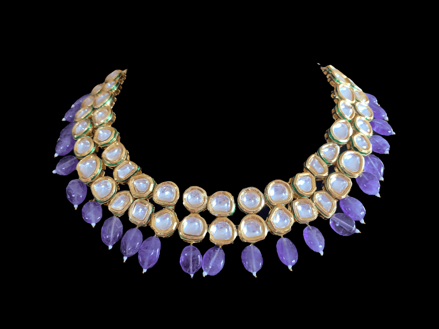 NS177 Mohini bridal necklace in high quality kundan with natural amethyst beads (SHIPS IN 2 WEEKS)