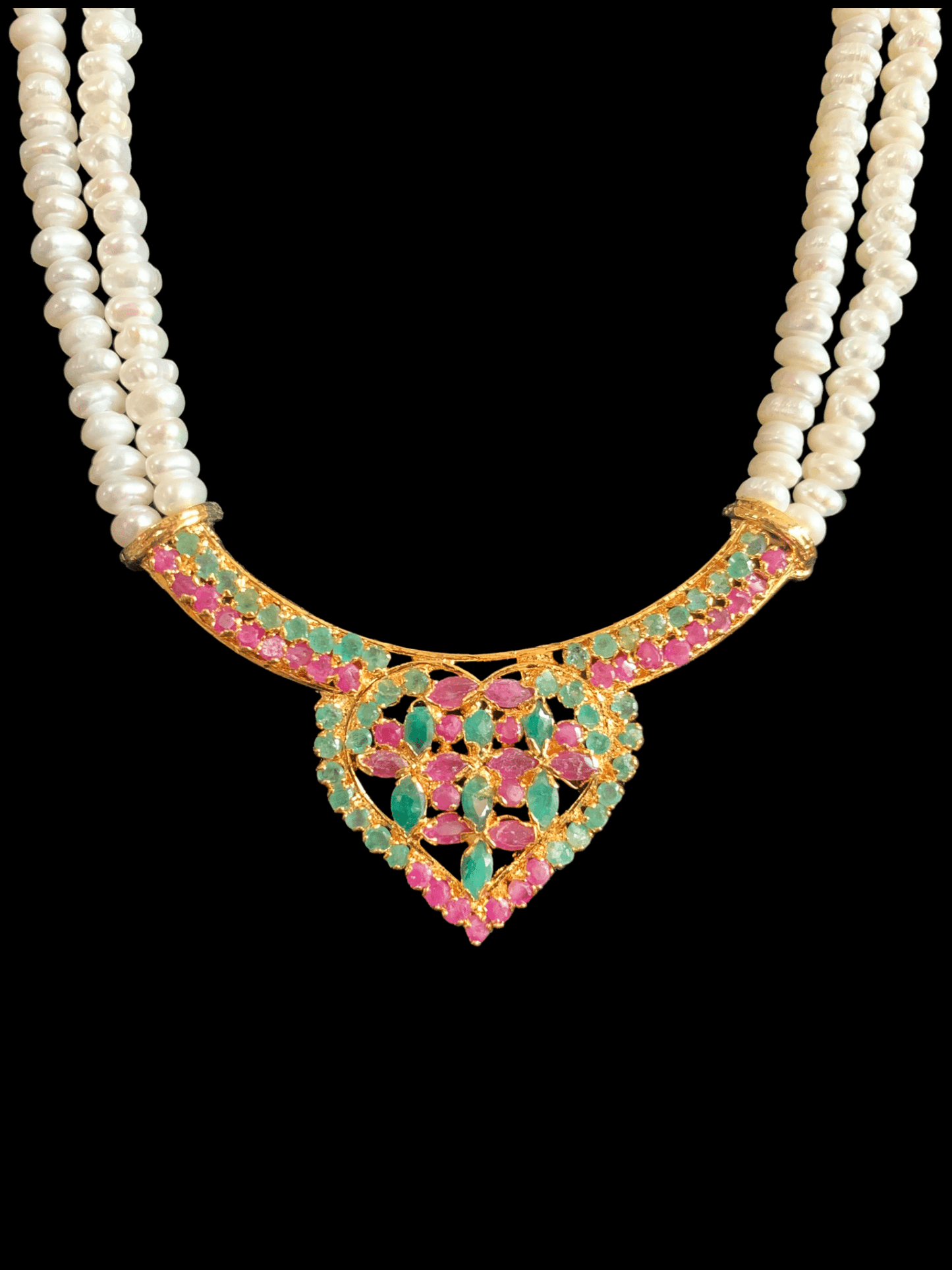LN132 Ruby emerald long necklace set in fresh water pearls ( READY TO SHIP )