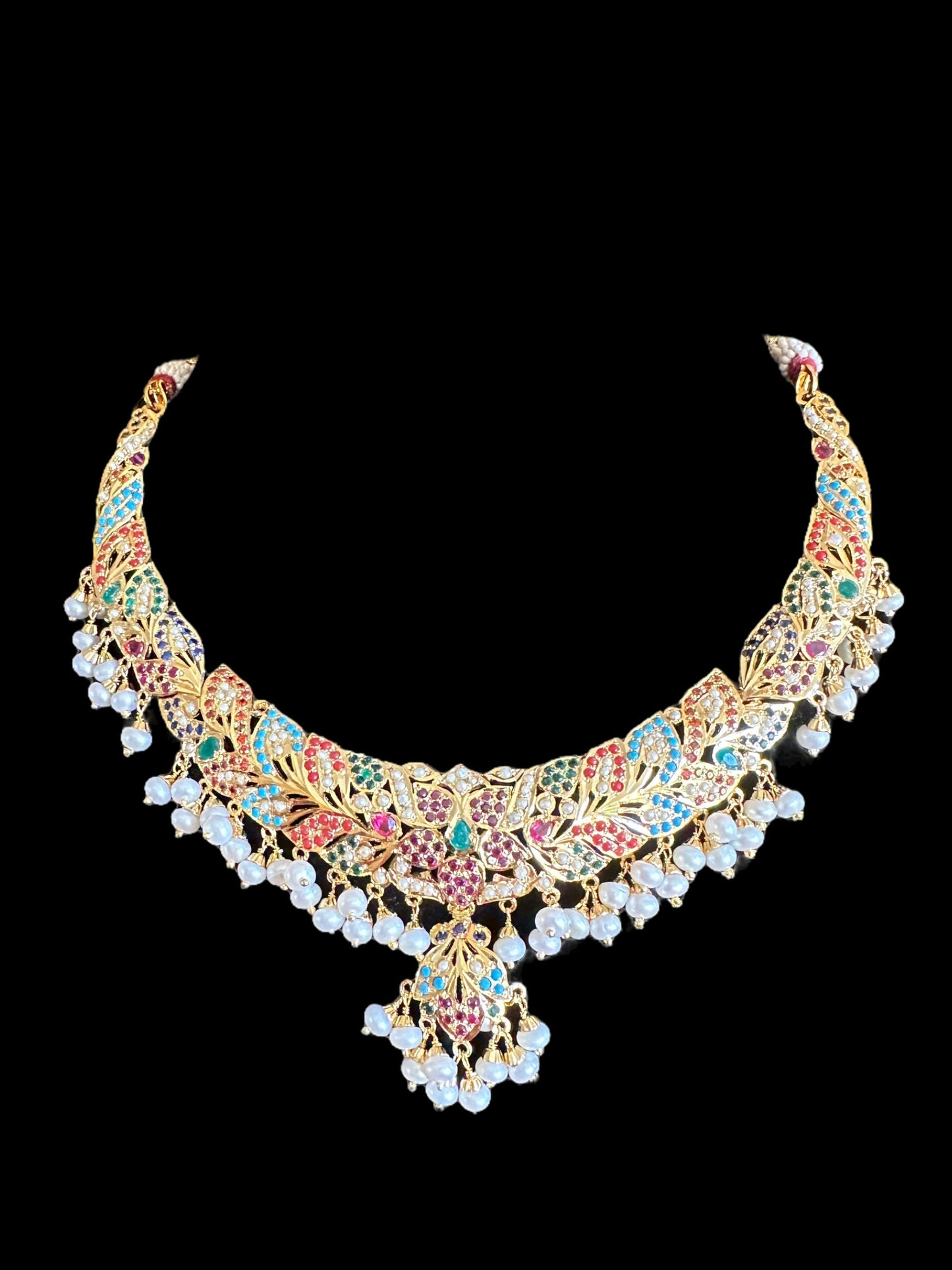 Navratan necklace set with fresh water pearls in gold plated silver ( READY TO SHIP )