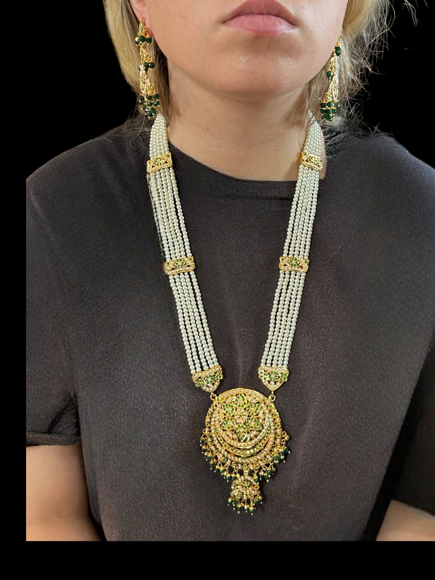 DLN9 Laiba jadau rani haar in green beads and pearls ( READY TO SHIP)