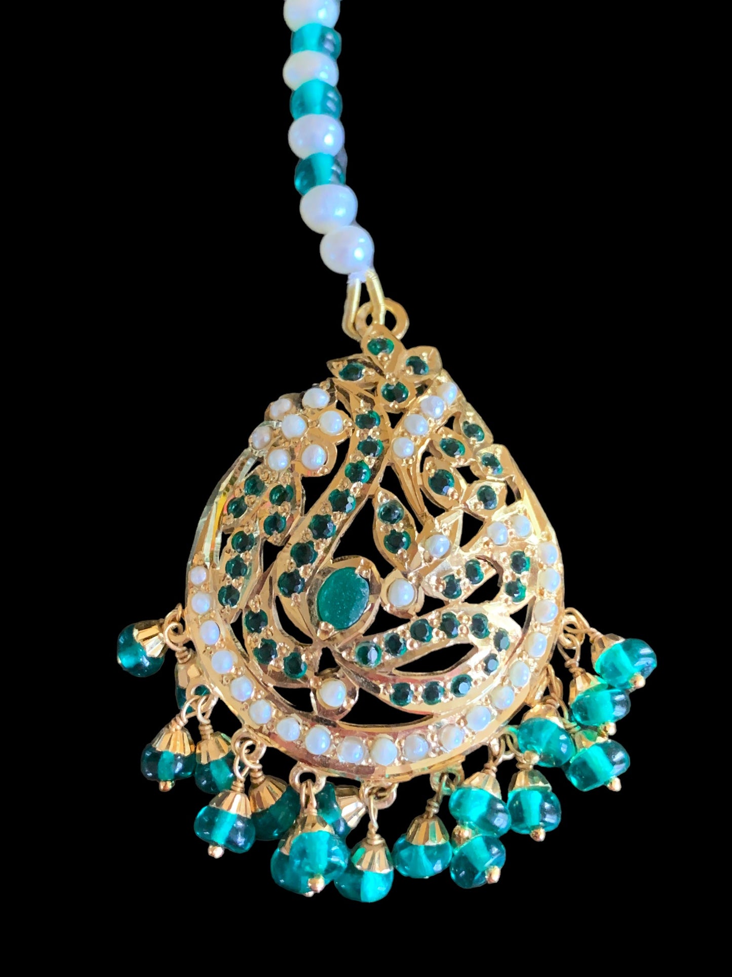 Gold plated silver tikka in pearls and emeralds ( READY TO SHIP )