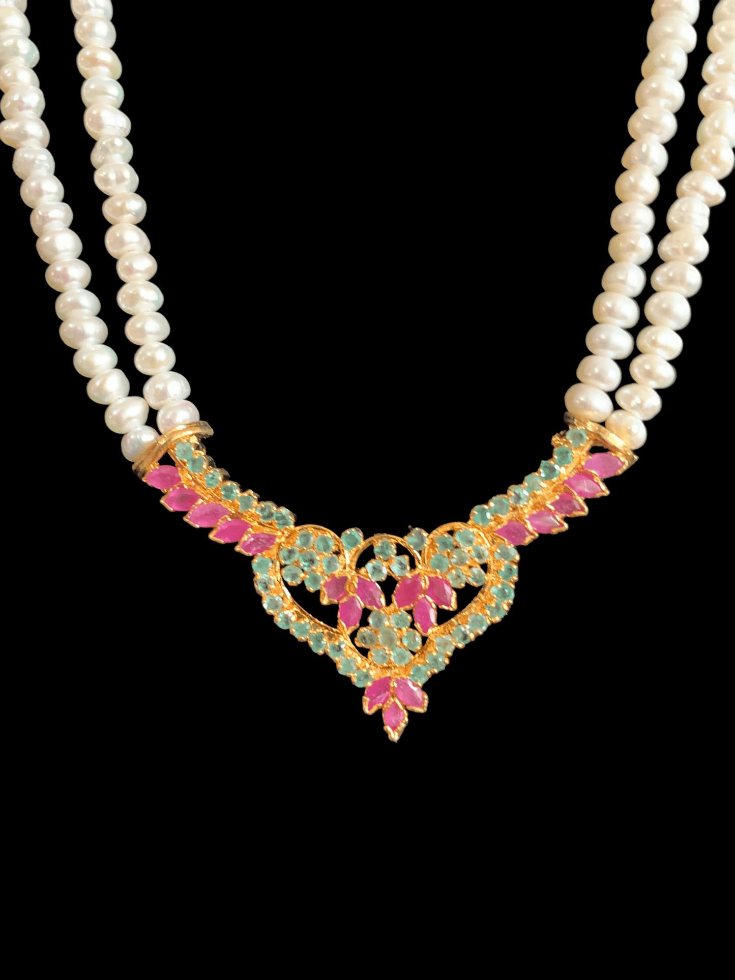 LN131 Ruby emerald long necklace set in fresh water pearls ( READY TO SHIP )