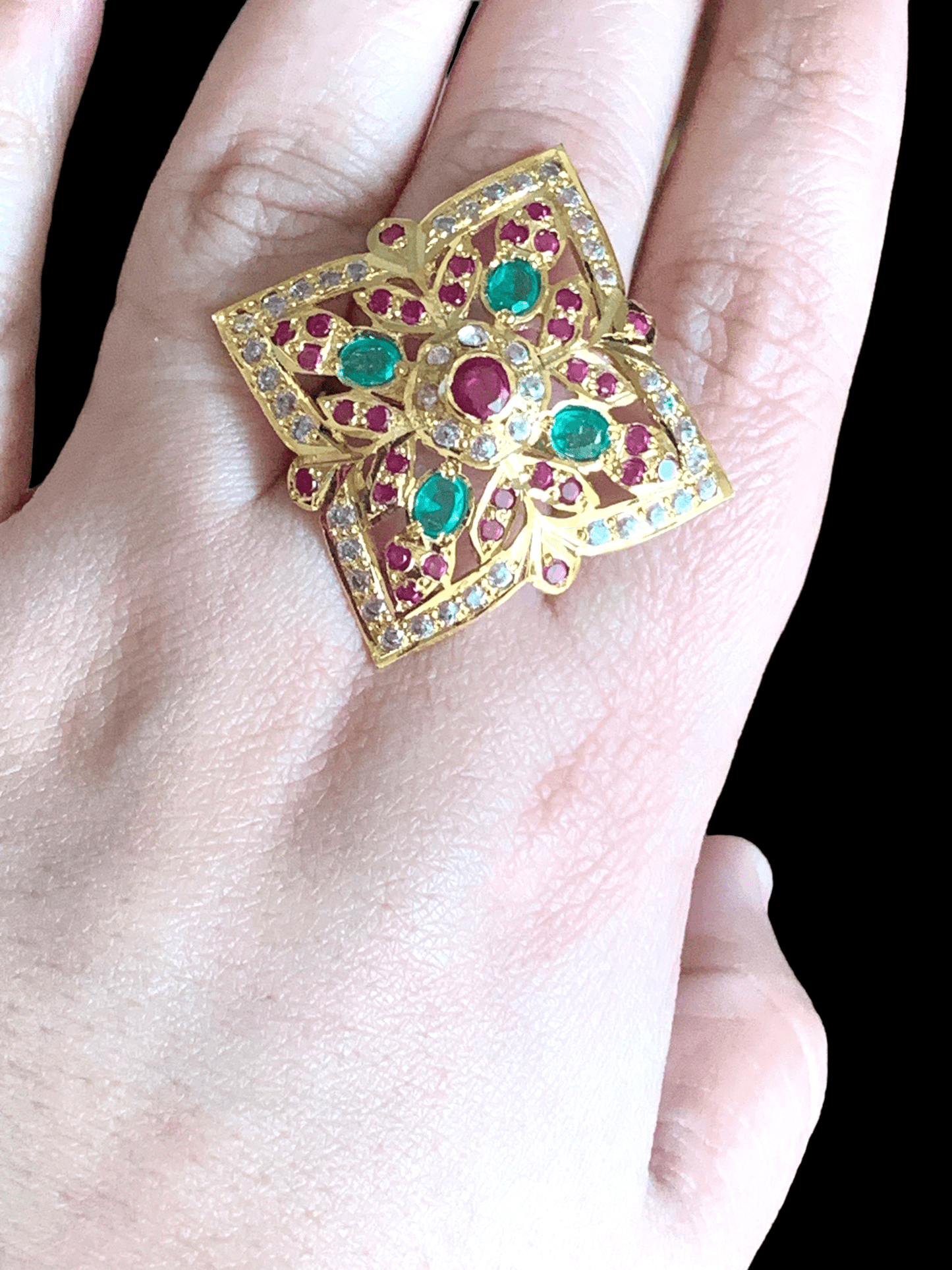 Ruby emerald gold plated silver ring ( SHIPS IN 4 WEEKS )