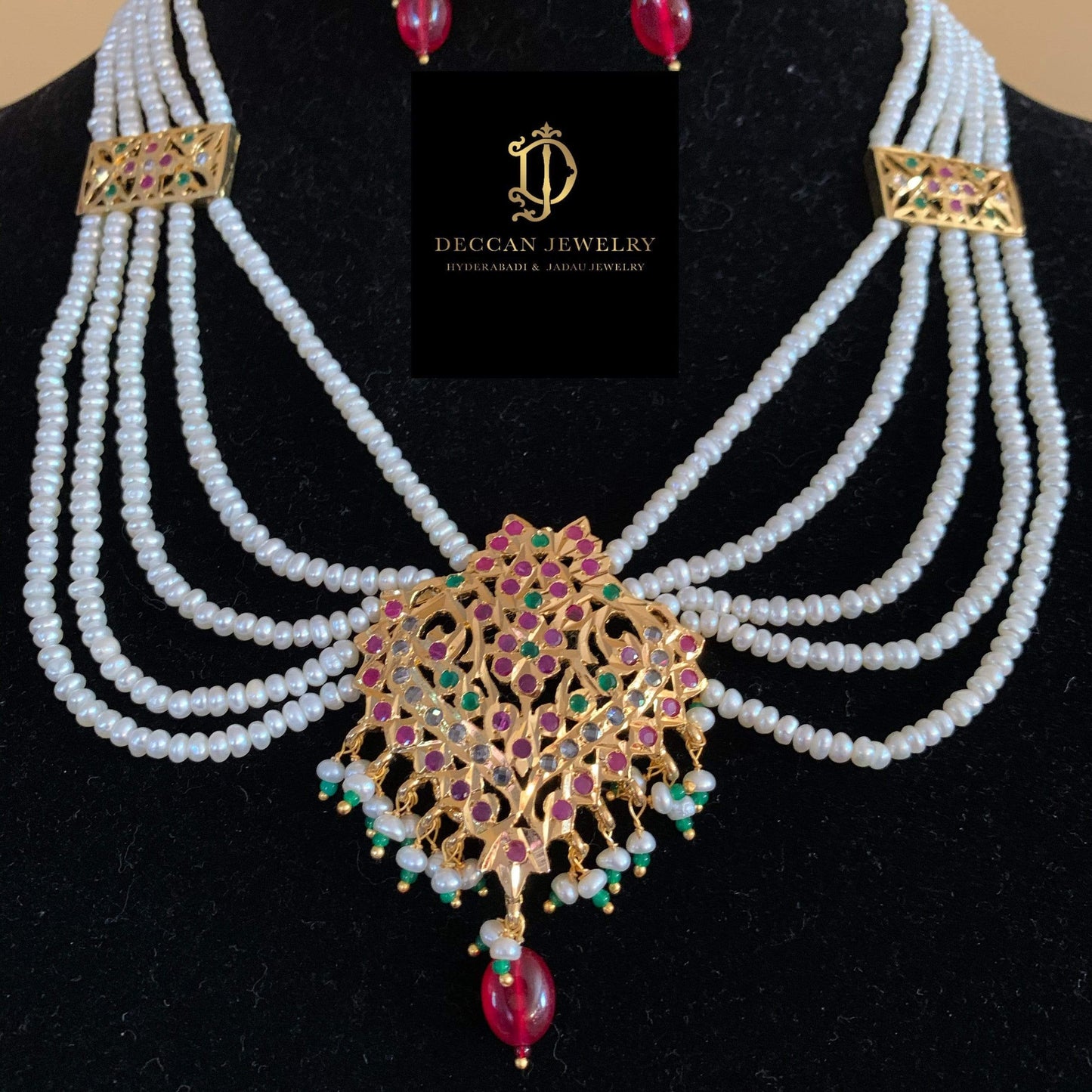 NS103 Sajal necklace in ruby emerald with fresh water pearls (READY TO SHIP )
