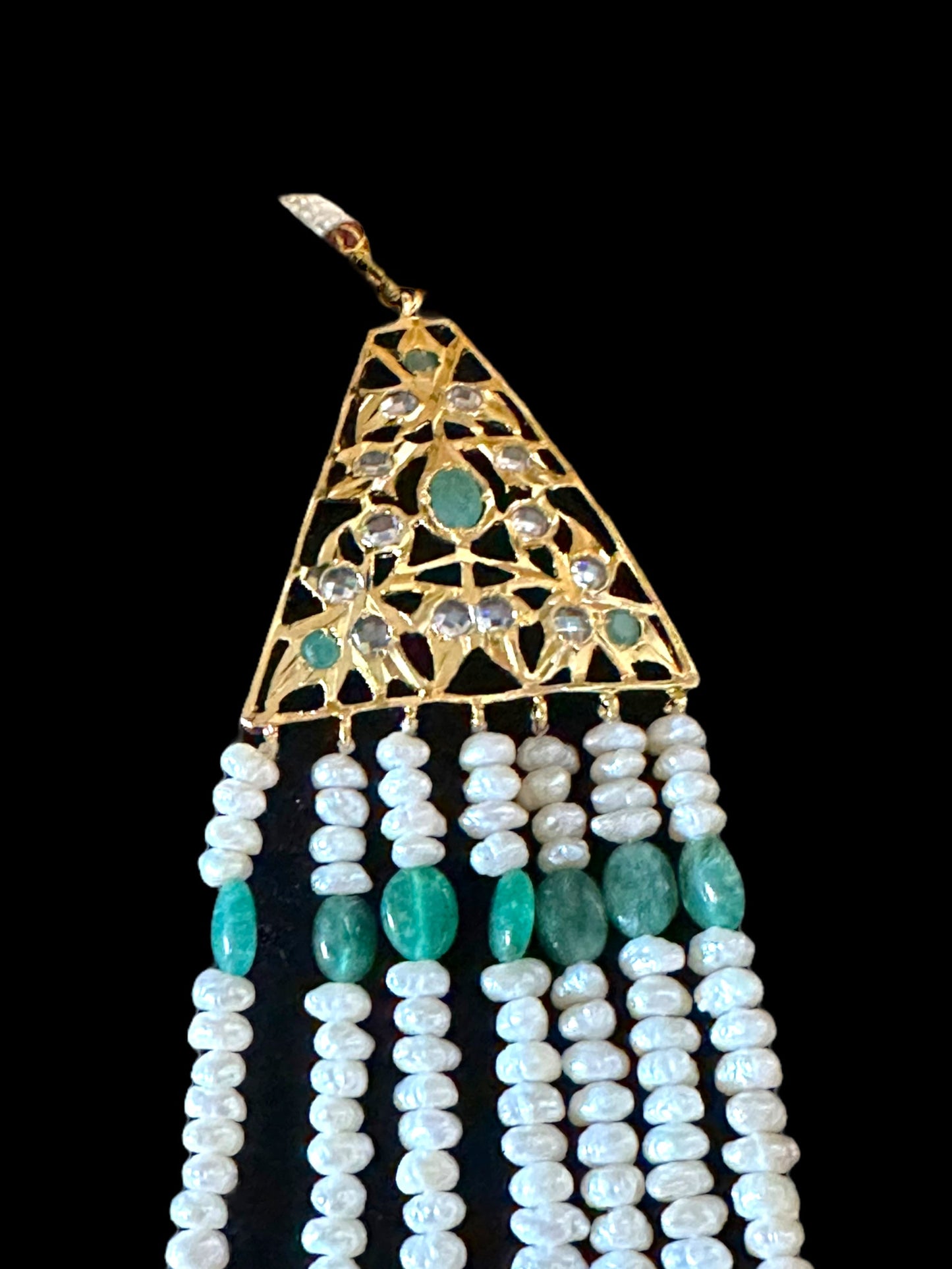 SAT81 Hyderabadi satlada in emerald beads and fresh water pearls (SHIPS IN 2 WEEKS )