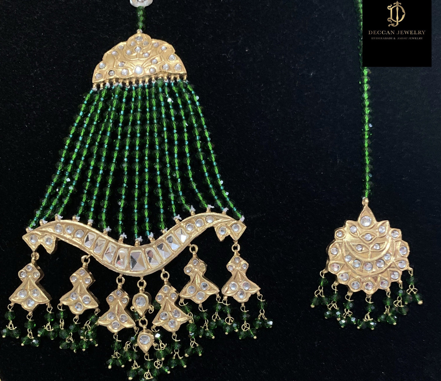 JTK21 Hiba kundan jhoomar tika ( green beads ) ( SHIPS IN 3 WEEKS  )