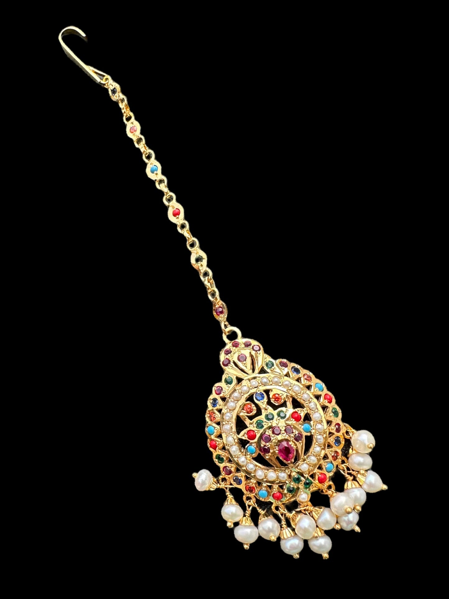 Gold plated silver tika in navratan ( READY TO SHIP )