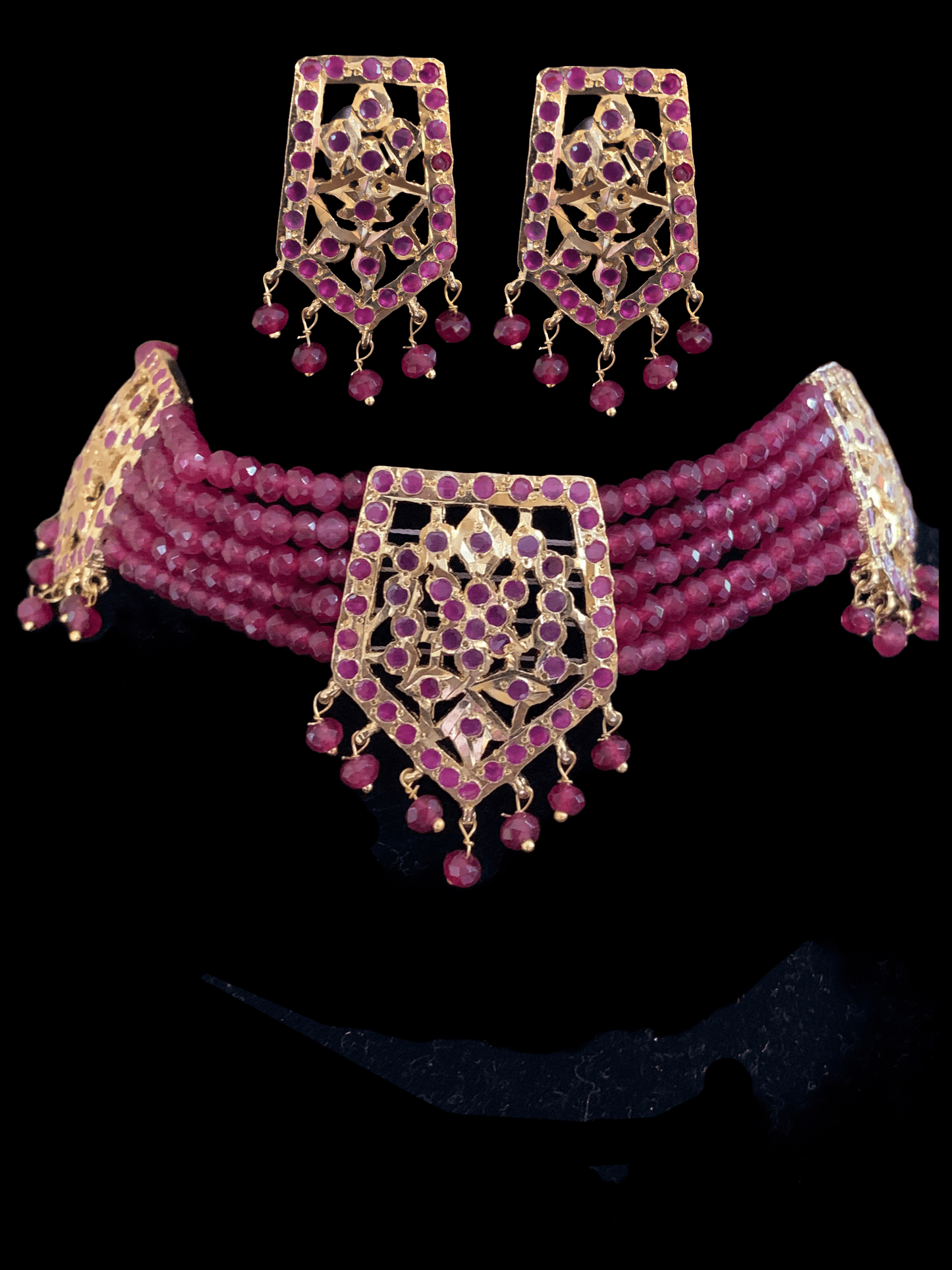 C102 Indu Hyderabadi Jadau choker with earrings In ruby beads ( SHIPS IN 3 WEEKS )