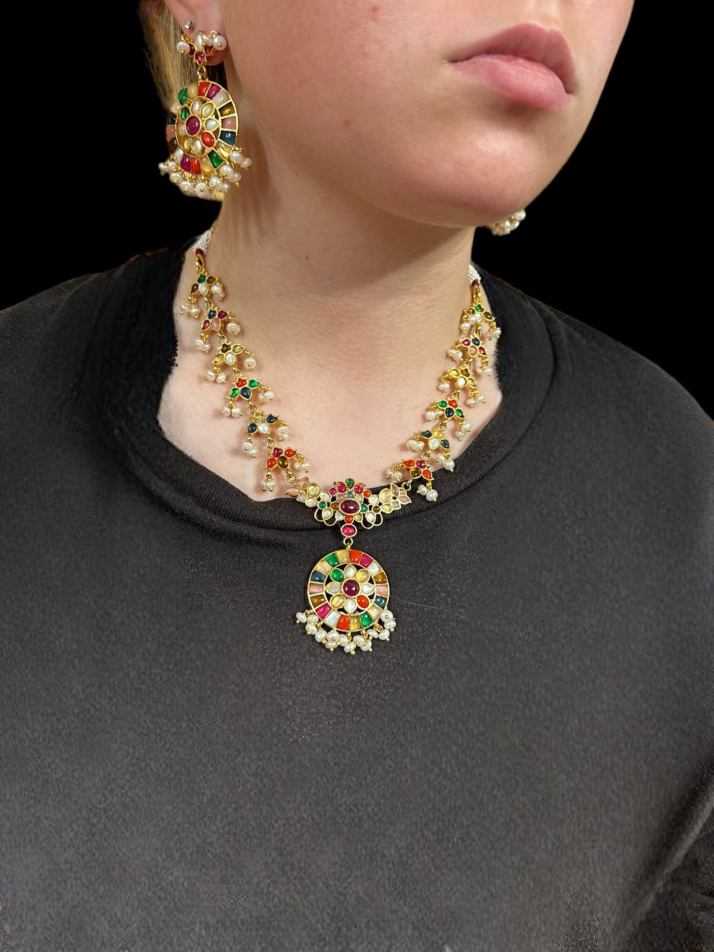 DNS18 Navratan necklace set in fresh water pearls (READY TO SHIP) )