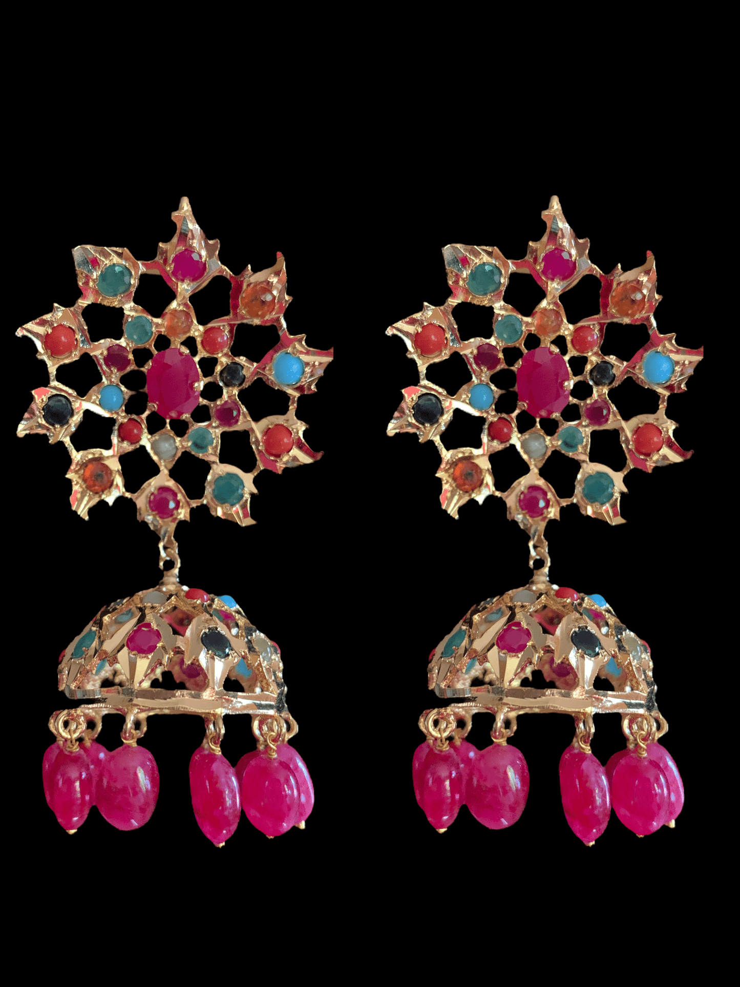 PS510 Navratan Tirmani Necklace with Oversized Jhumka Earrings – Gold-Plated Jewelry with Freshwater Pearls and Real Ruby Beads ( READY TO SHIP )