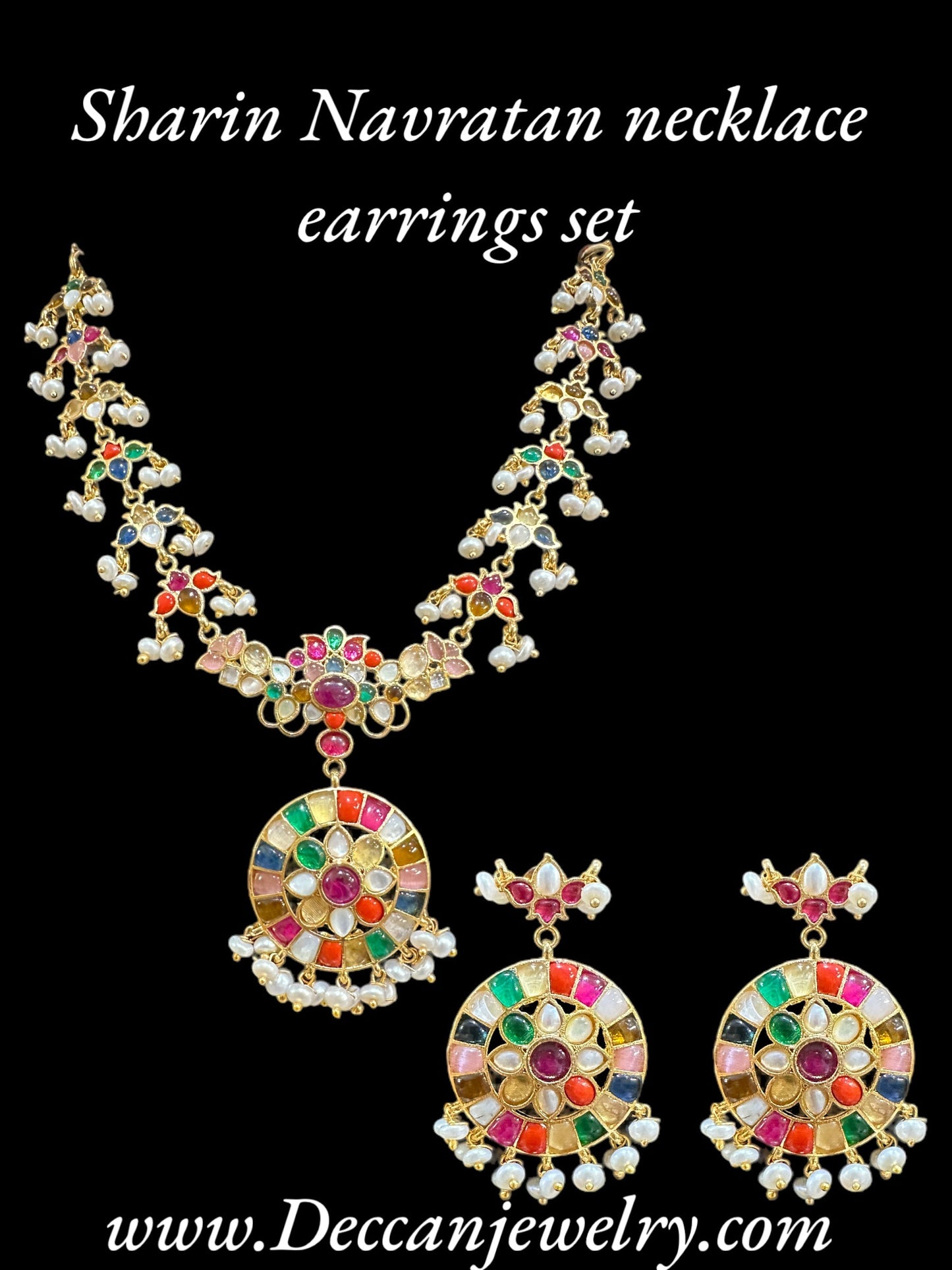DNS18 Navratan necklace set in fresh water pearls (READY TO SHIP) )