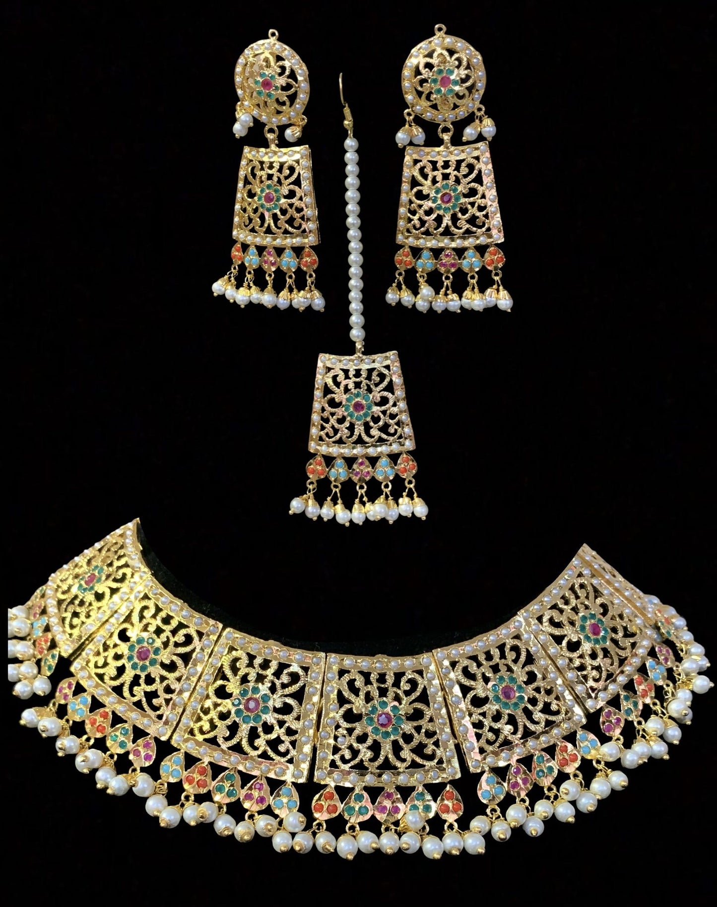 Safira necklace set with tika Navratan ( READY TO SHIP)
