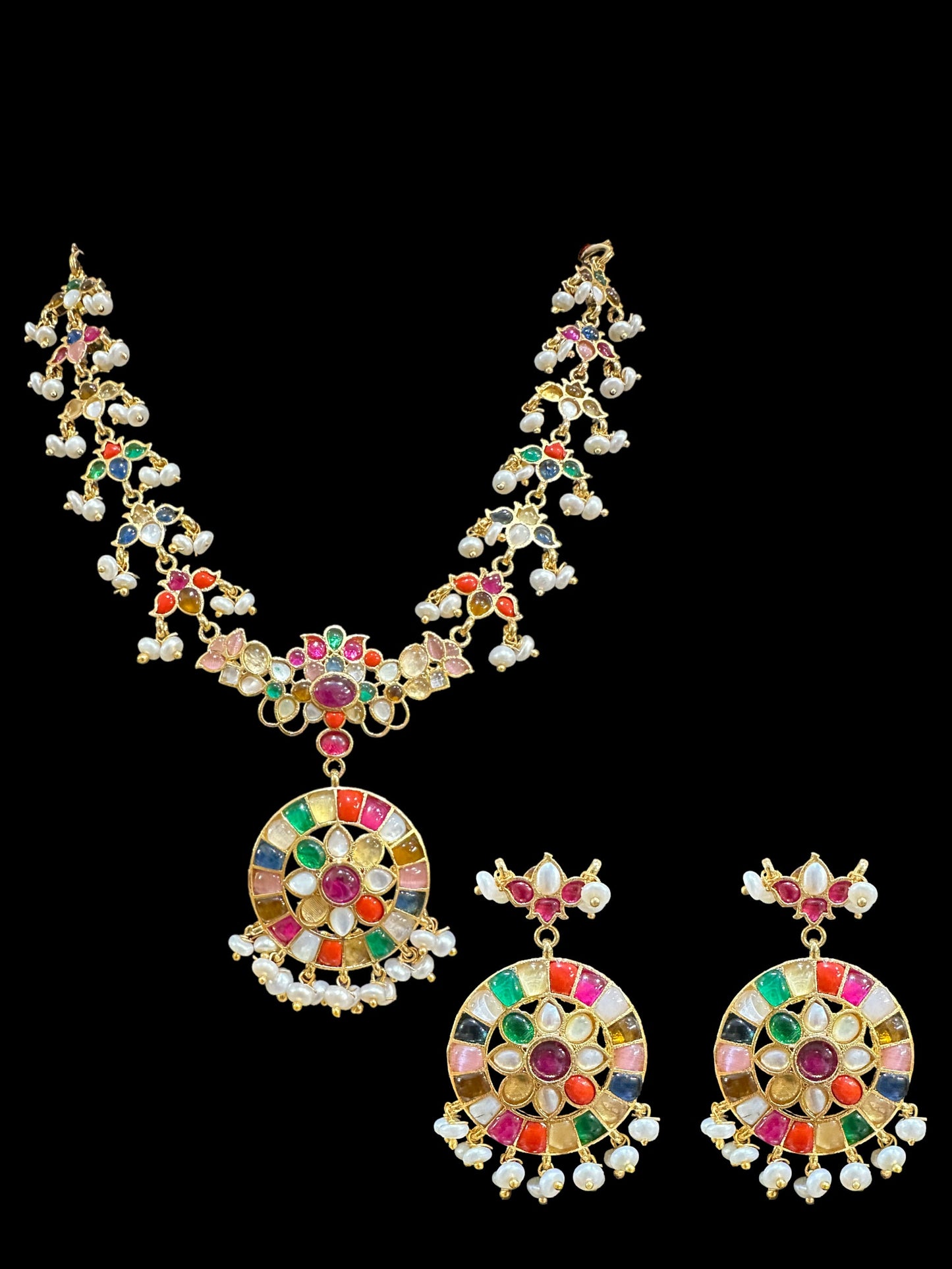 DNS18 Navratan necklace set in fresh water pearls (READY TO SHIP) )
