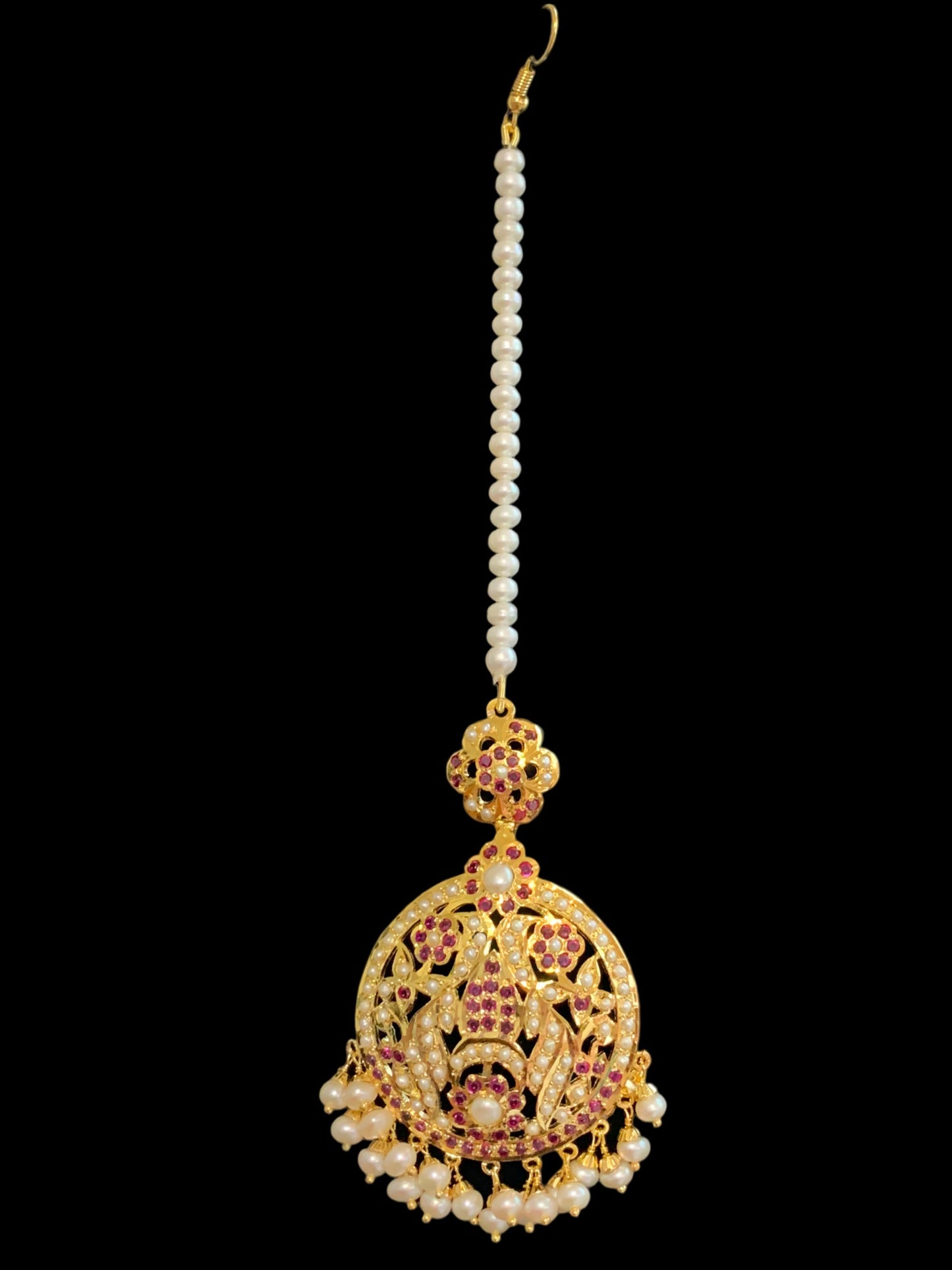 Gold plated silver jadau tikka in pearls and rubies ( SHIPS IN 4 WEEKS )