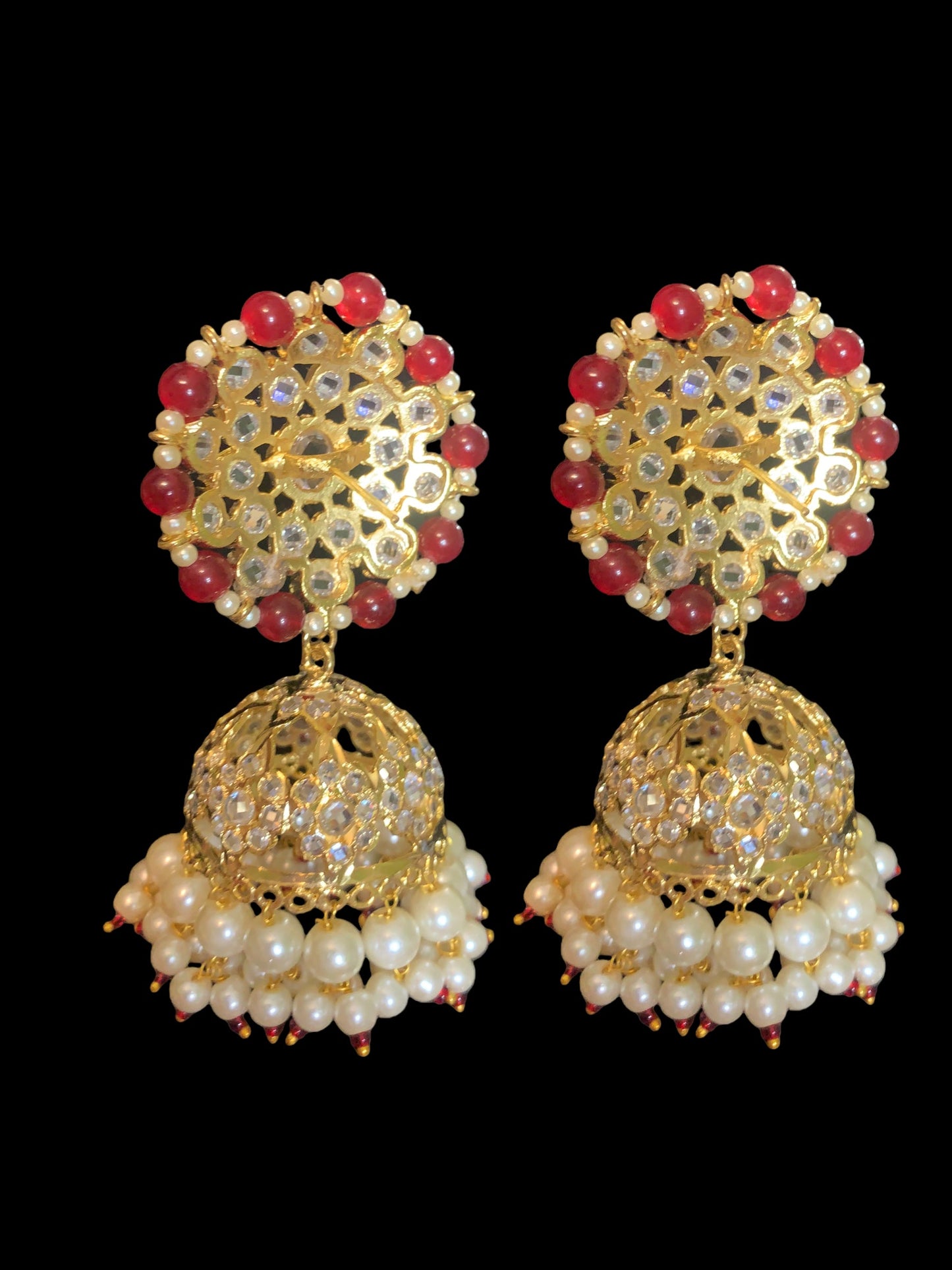 DER399 Amra hyderabadi jhumka in pearls  with ruby beads - large jhumka  ( READY TO SHIP)