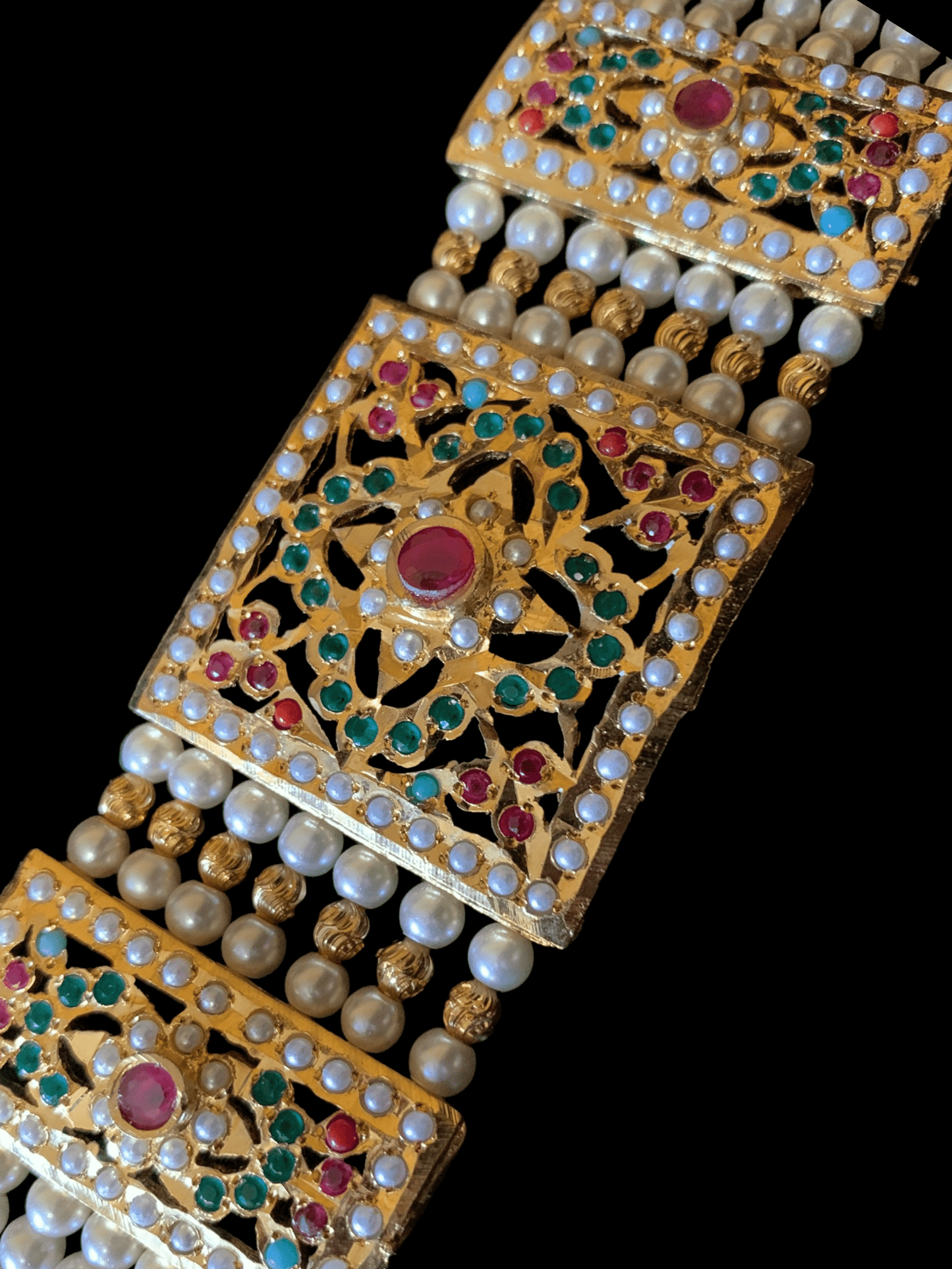 B66 Saira jadau bracelet in navratan with pearls ( READY TO SHIP )