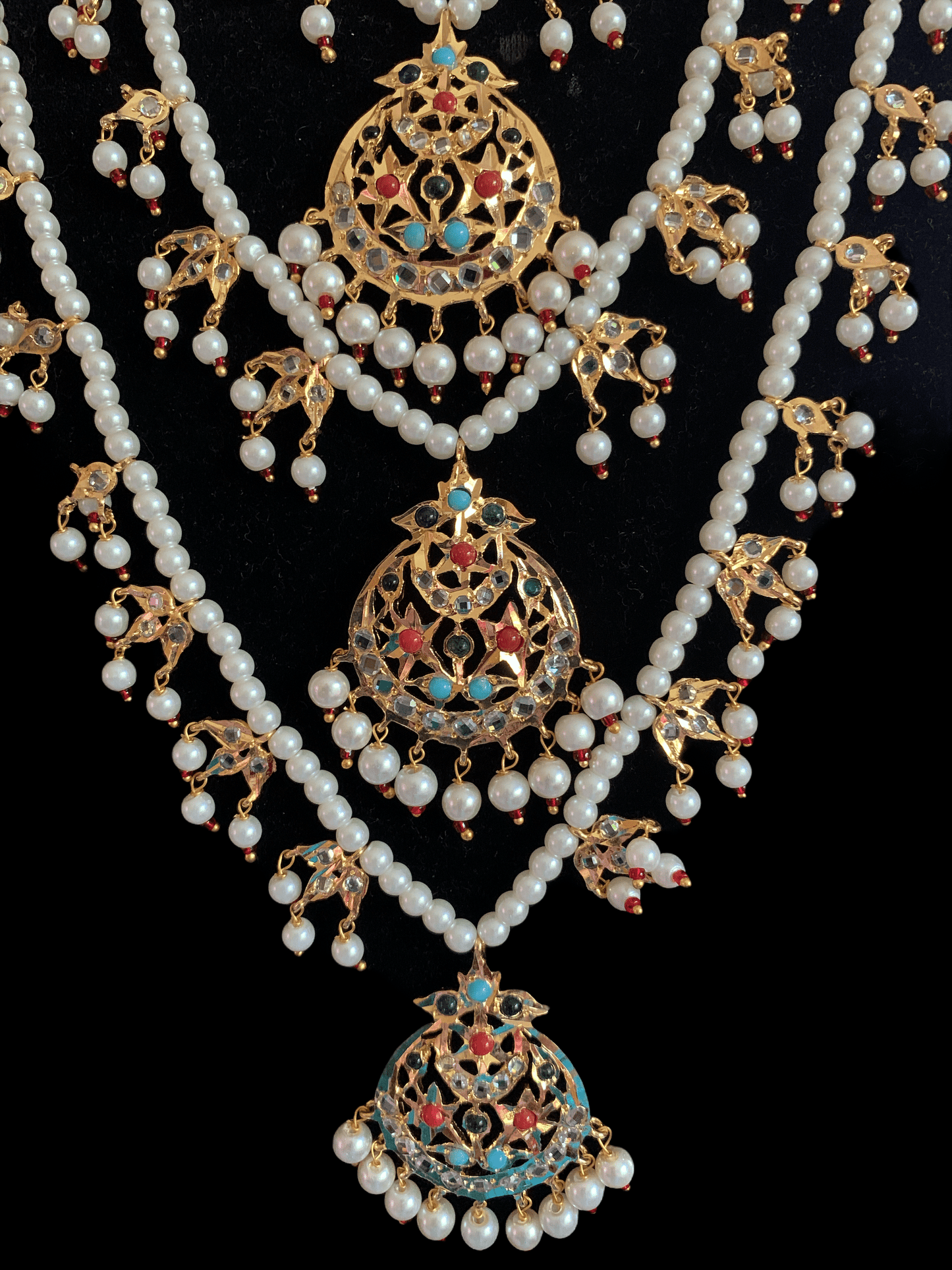 SAT23 Tooba ruby three layered pearl necklace with earrings and Tika - navratan (READY TO SHIP )