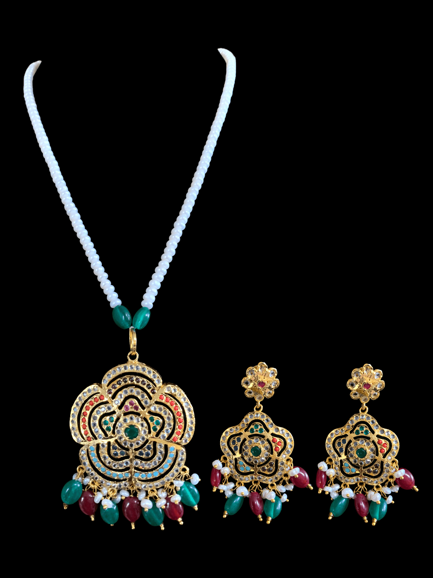 PS329 Shahla Navratan with fresh water pearl pendant set ( READY TO SHIP )
