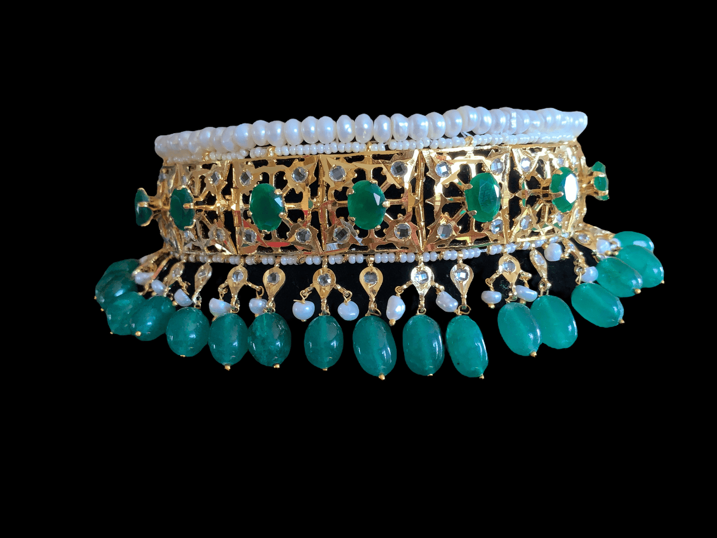 C21 Insia jadavi lacha in fresh water pearls with emerald beads (SHIPS IN 2 WEEKS )