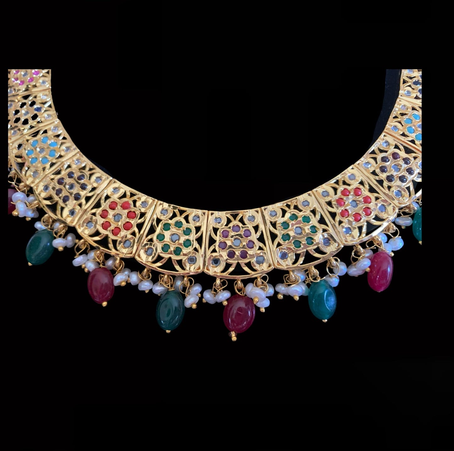 NS139 Badia navratan with fresh water pearls necklace set (READY TO SHIP )