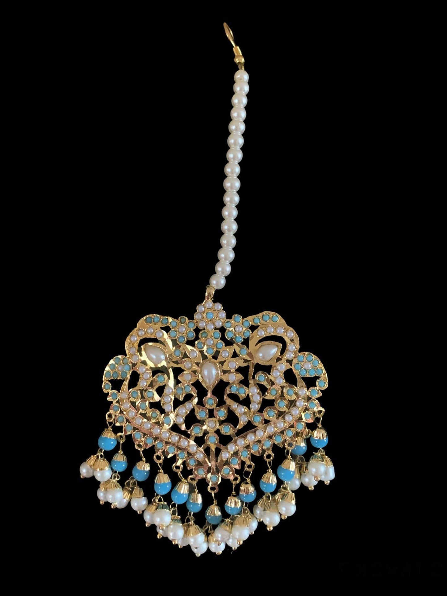 DNS25 Neeli jadau pearl necklace with earrings tika in turquoise (SHIPS IN 4 WEEKS )