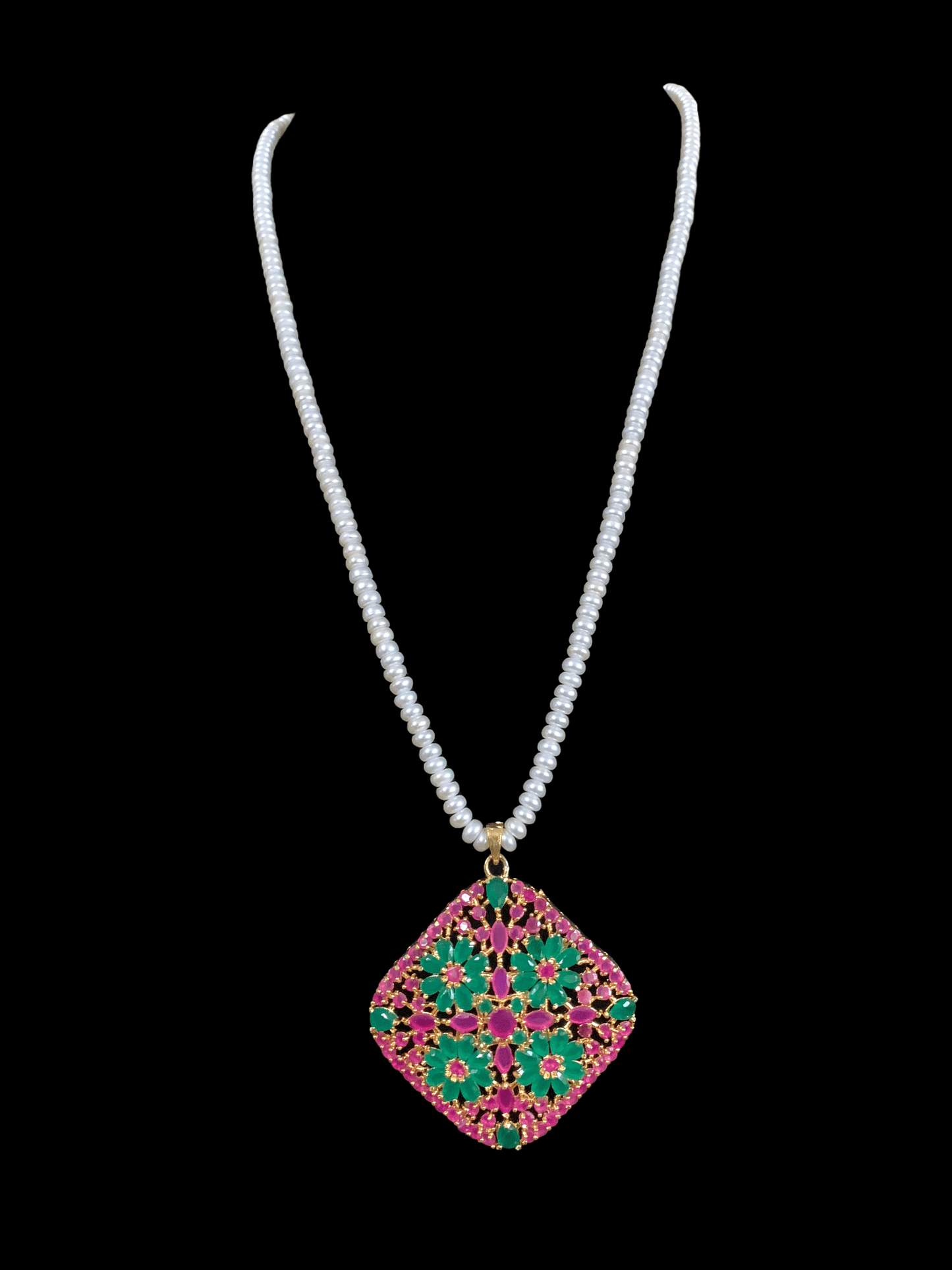 Ps411 Ramla pendant set in fresh water pearls -Ruby emerald ( READY TO SHIP)