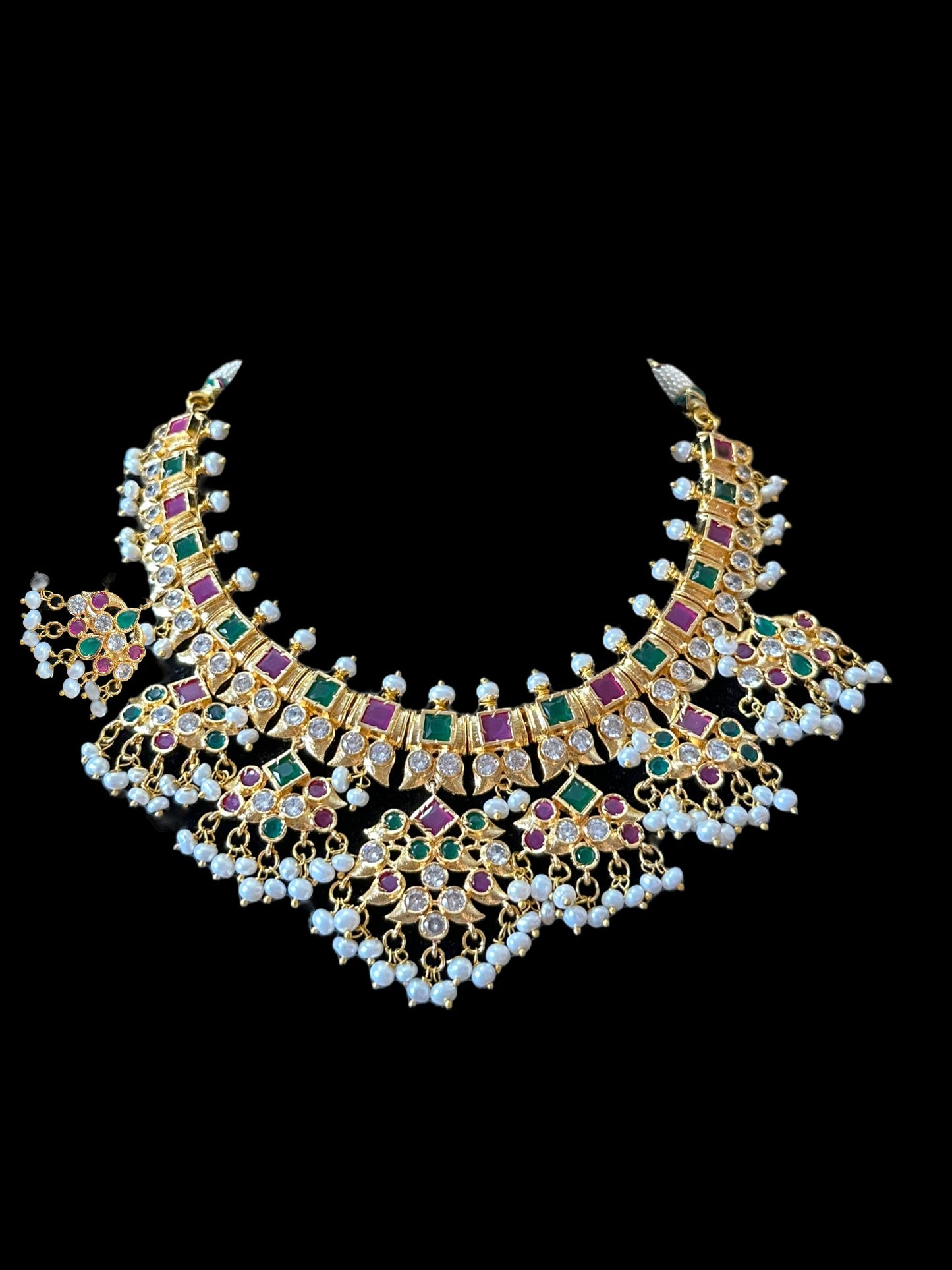 DNS27 Ruby emerald necklace with earrings - fresh water pearls ( READY TO SHIP )