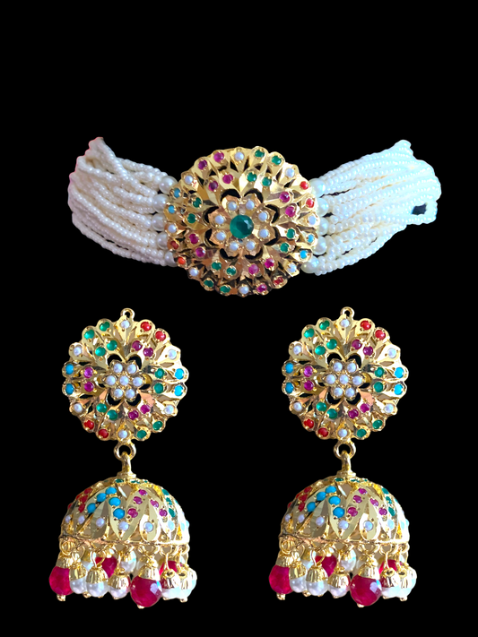 C190 Gold plated choker set in Navratan ( READY TO SHIP  )