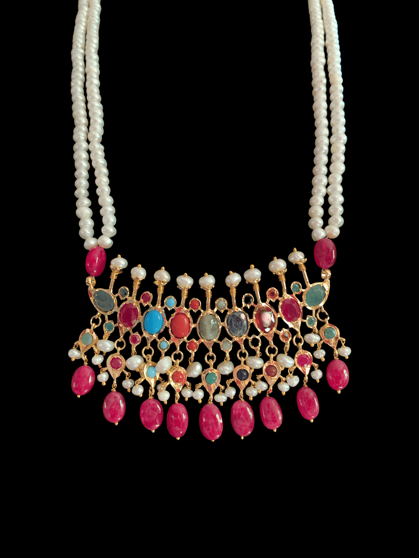 PS510 Navratan Tirmani Necklace with Oversized Jhumka Earrings – Gold-Plated Jewelry with Freshwater Pearls and Real Ruby Beads ( READY TO SHIP )