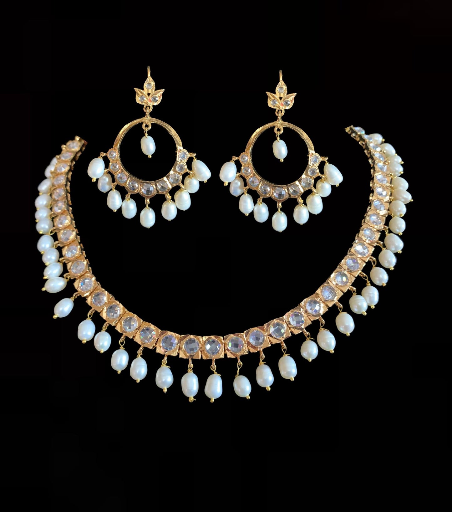 NS195 Barfi necklace with Chandbali in fresh water pearls ( READY TO SHIP )