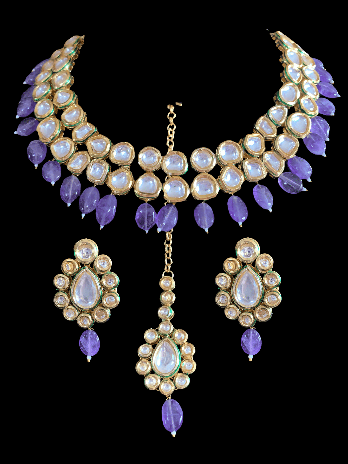 NS177 Mohini bridal necklace in high quality kundan with natural amethyst beads (SHIPS IN 2 WEEKS)