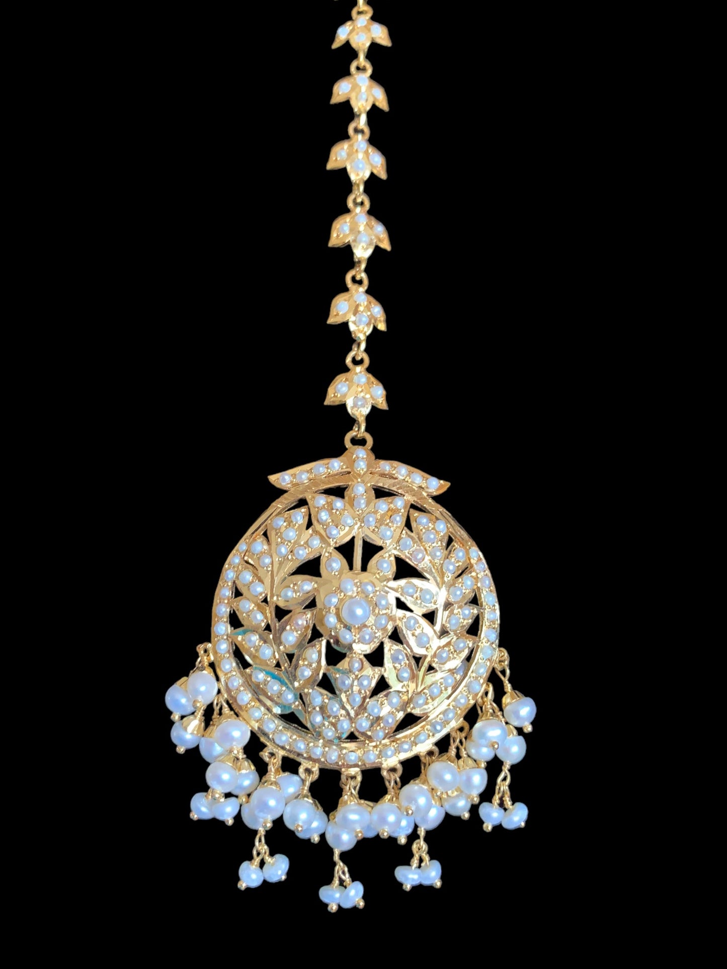 Gold plated silver tika in fresh water pearls ( READY TO SHIP )