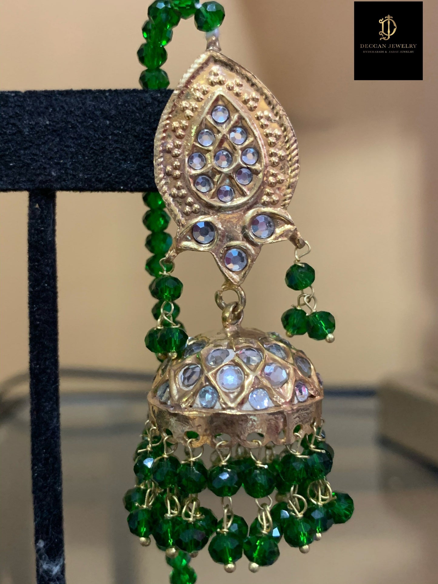 DER152 Hiba kundan jhumka in green beads(READY TO SHIP)