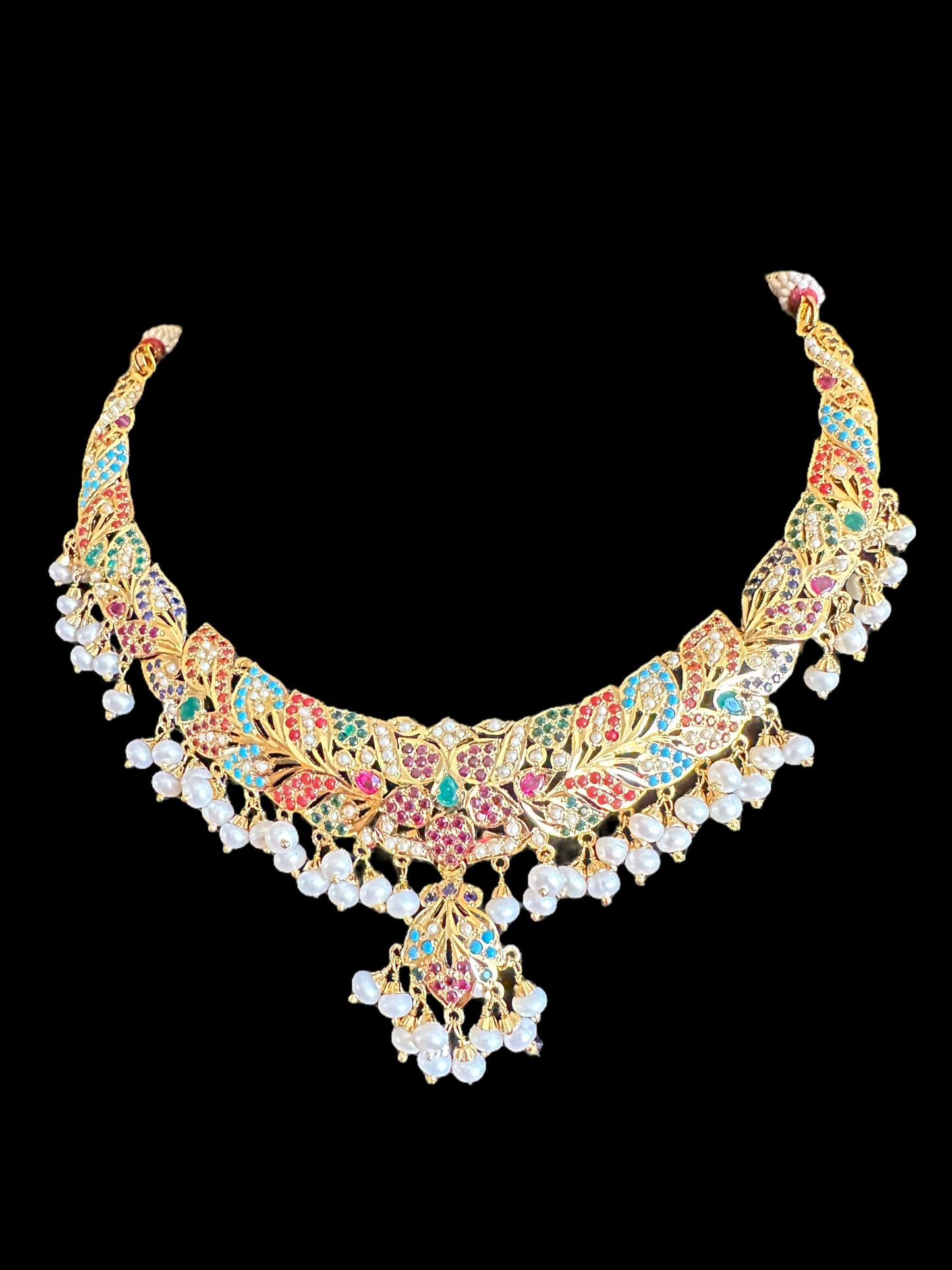 Navratan necklace set with fresh water pearls in gold plated silver ( READY TO SHIP )