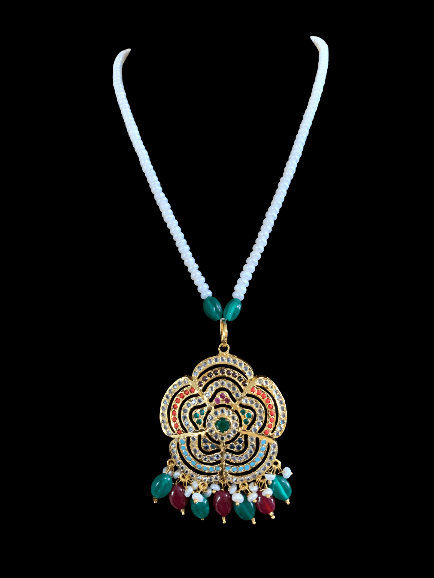 PS329 Shahla Navratan with fresh water pearl pendant set ( READY TO SHIP )