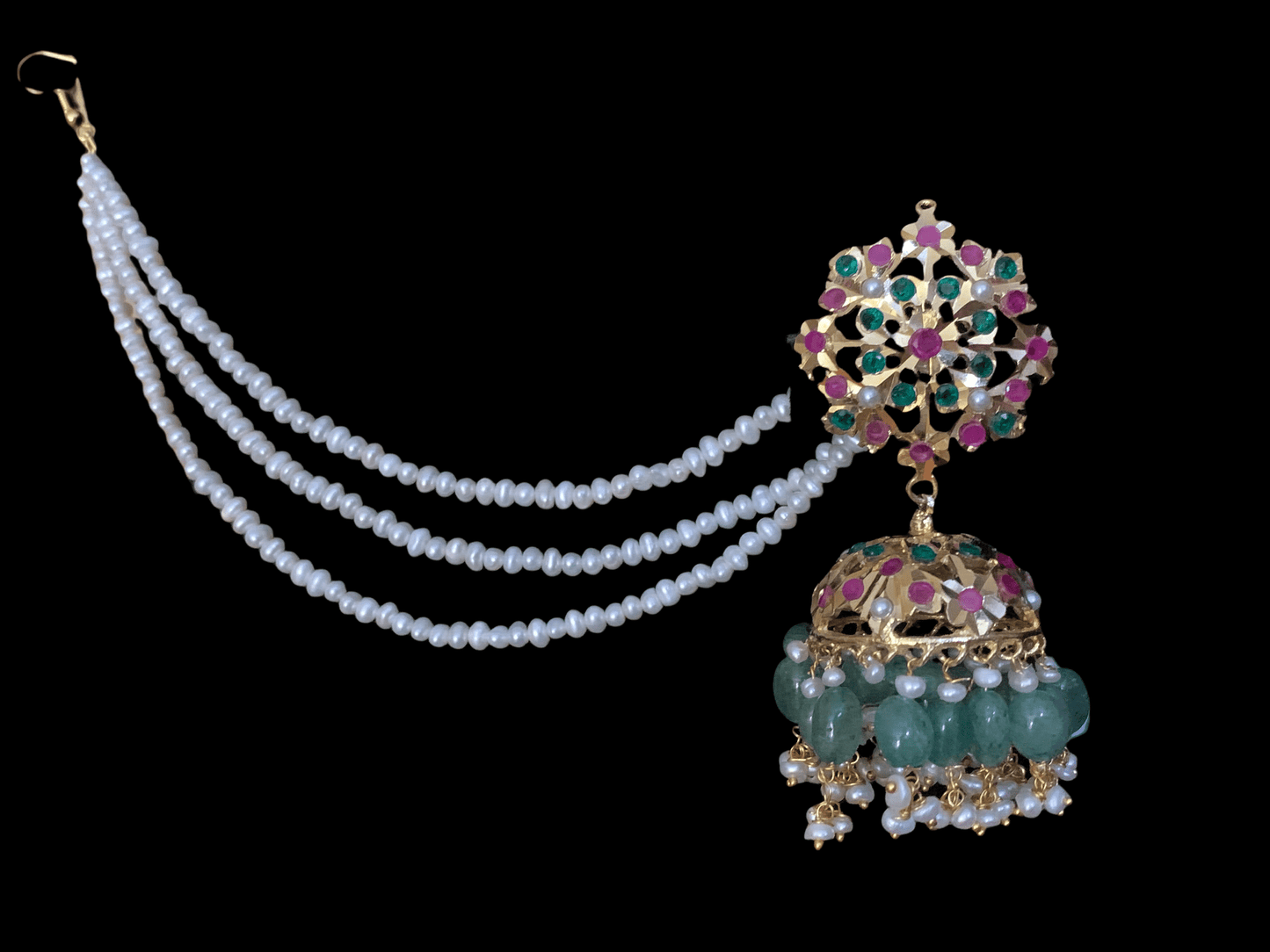 MAHIMA large jadau jhumka in emerald beads with fresh water pearls ( SHIPS IN 2 WEEKS )