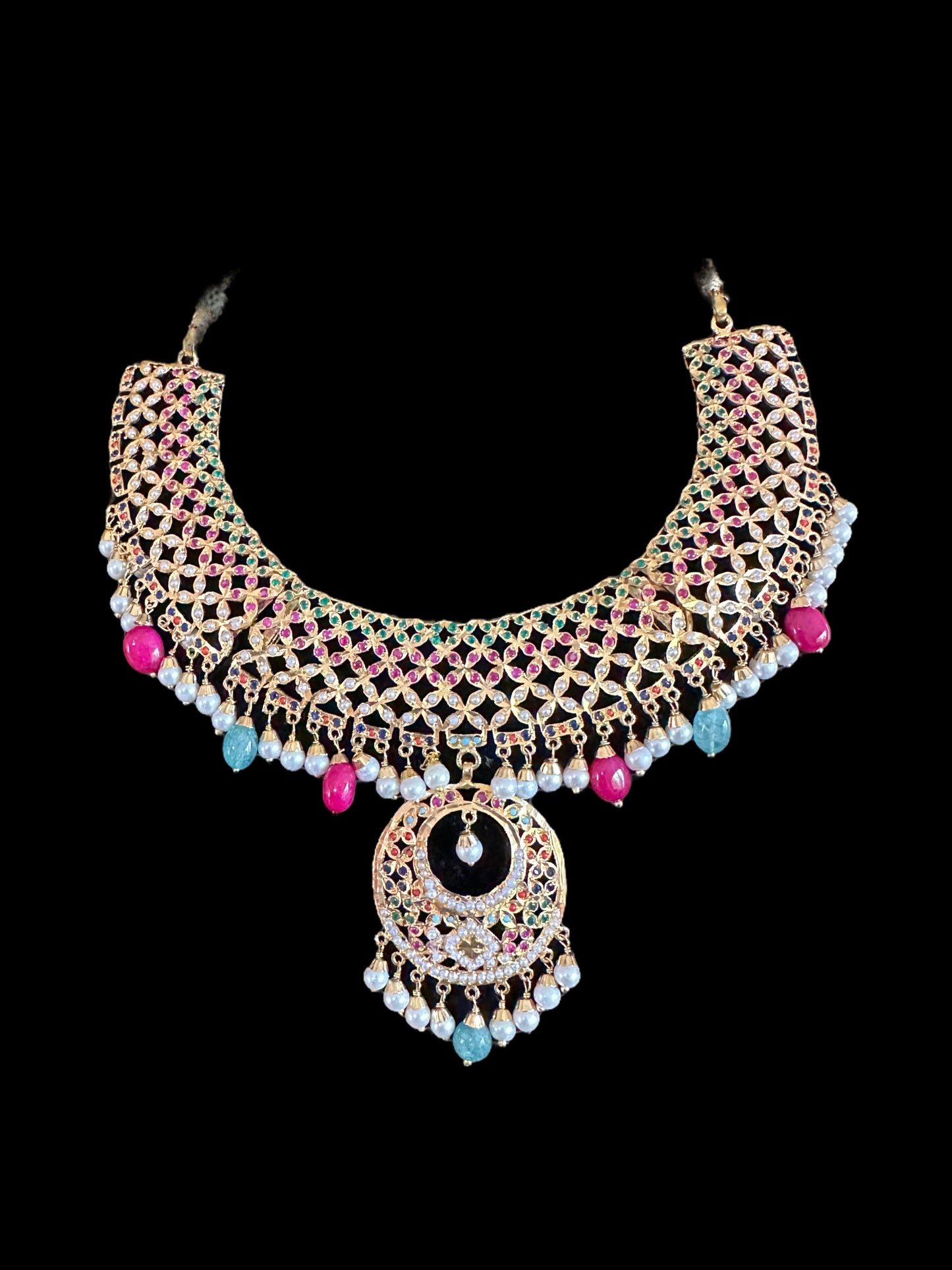 NS517 multicolor jadau necklace with earrings tika ( READY TO SHIP )