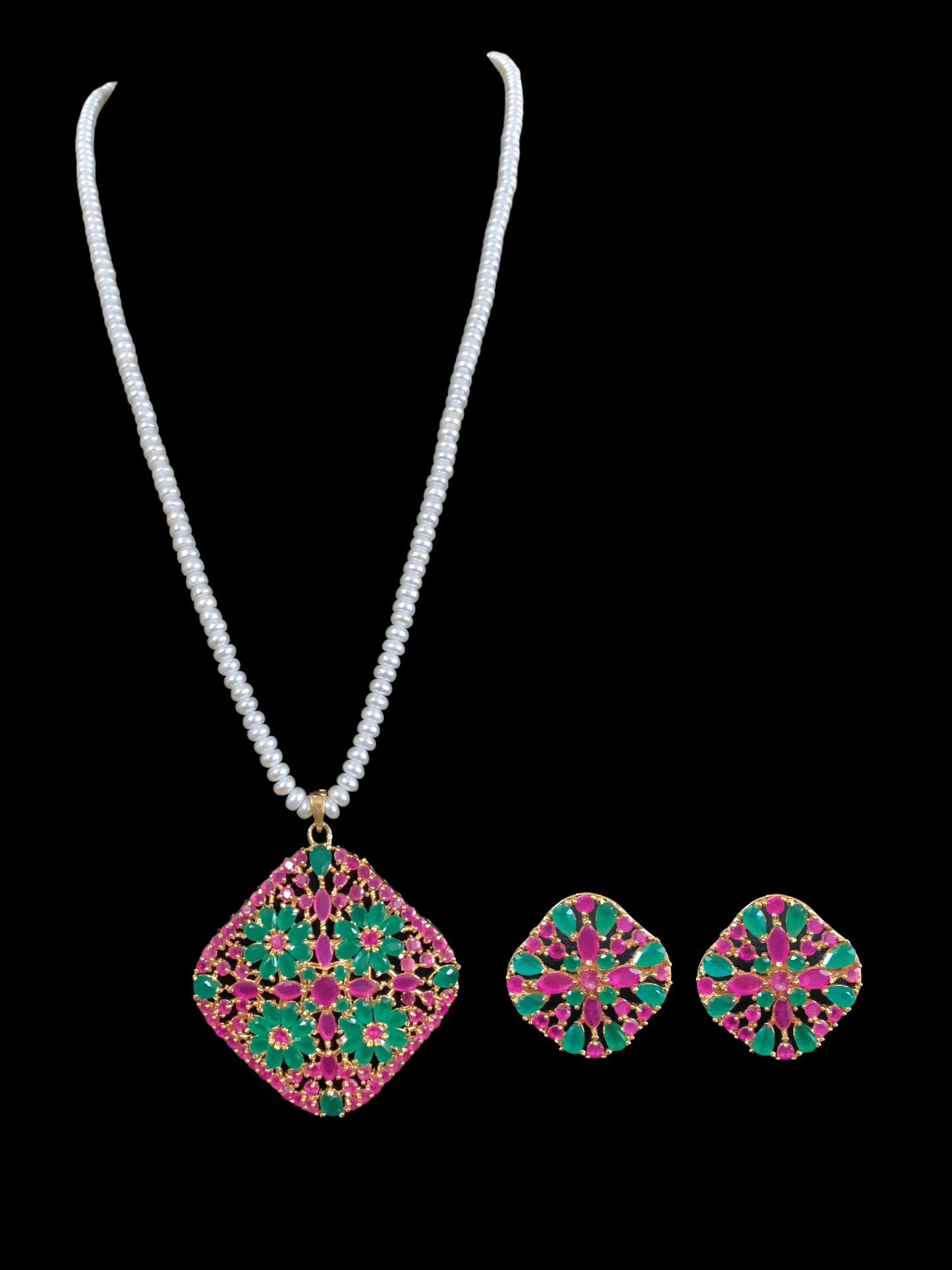 Ps411 Ramla pendant set in fresh water pearls -Ruby emerald ( READY TO SHIP)