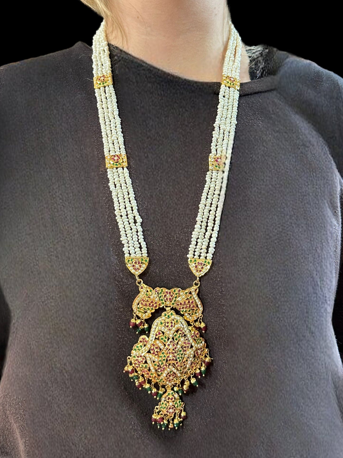 DLN11 jadau rani haar in ruby emerald with fresh water pearls ( READY TO SHIP)