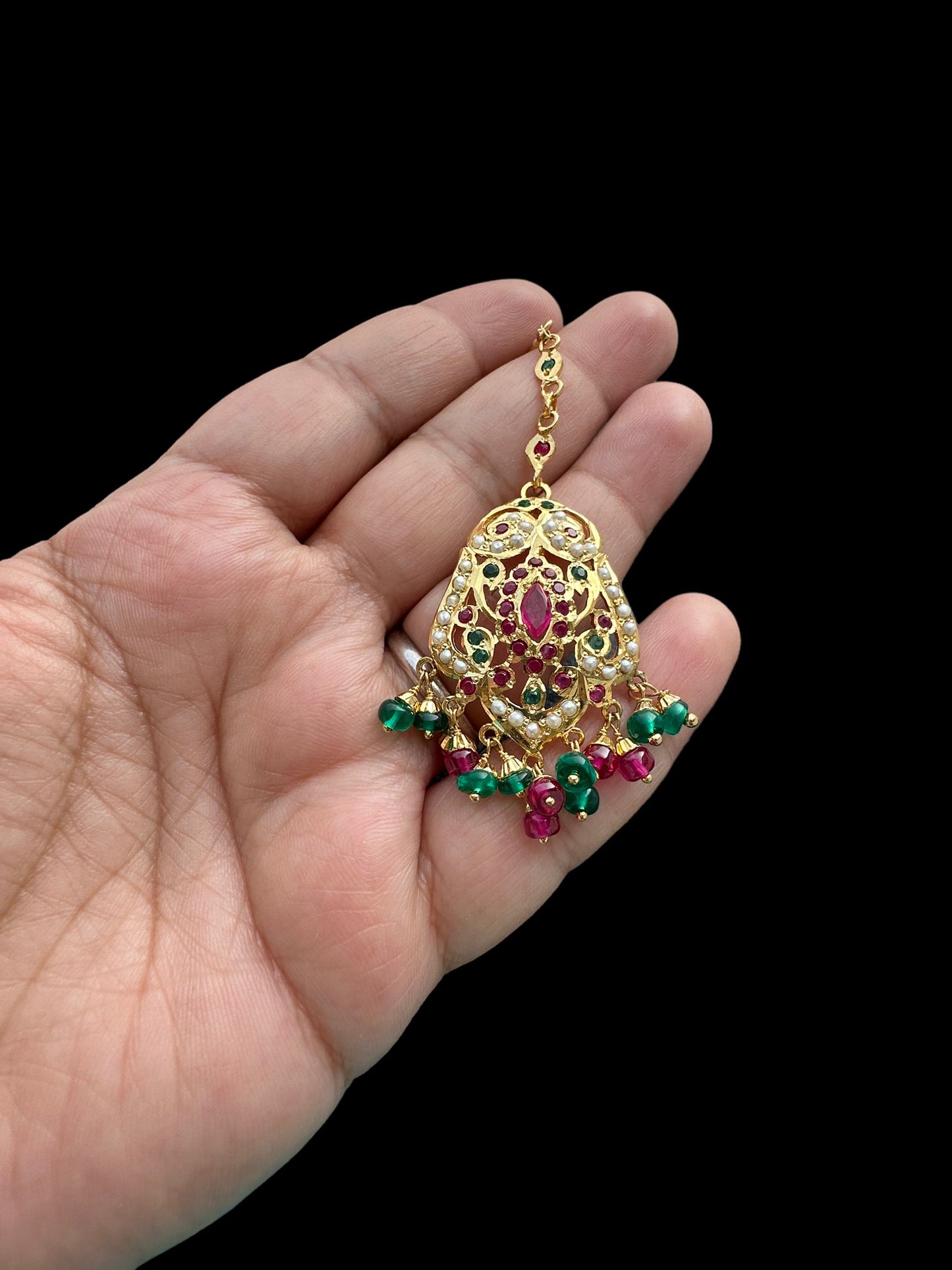 Gold plated silver tika in ruby emerald ( READY TO SHIP )