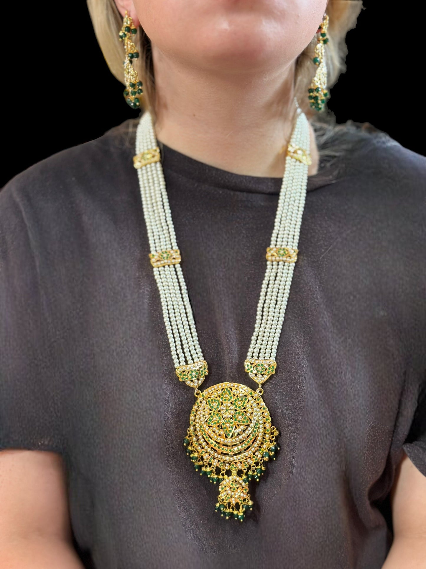 DLN9 Laiba jadau rani haar in green beads and pearls ( READY TO SHIP)